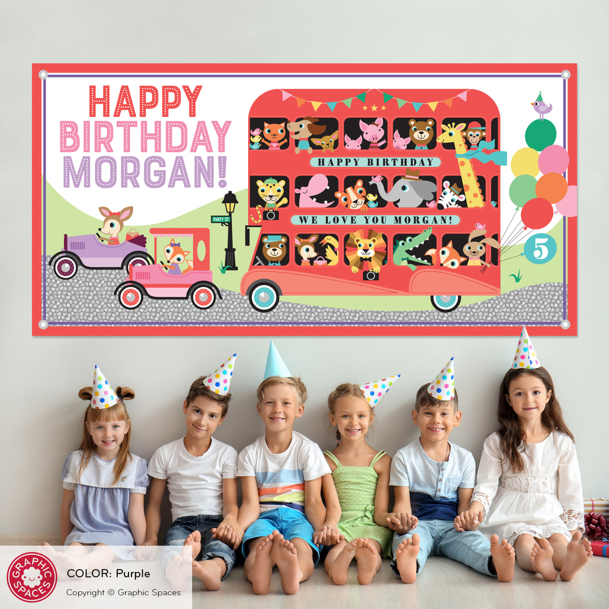 Animal Zoo London Bus Birthday Party Banner - PURPLE