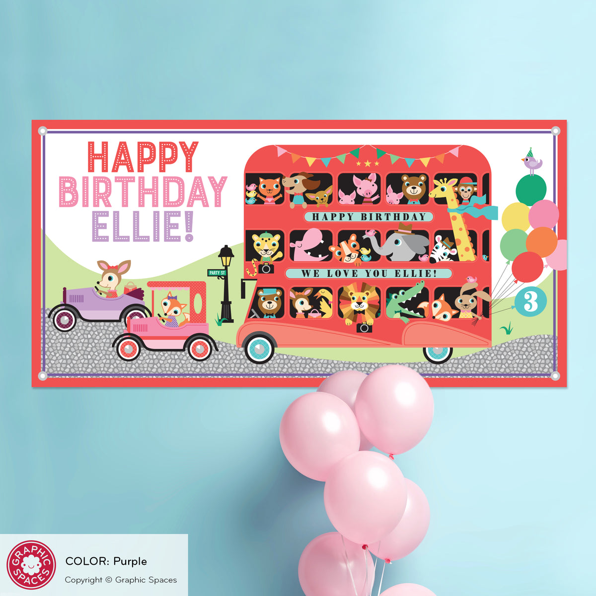 Animal Zoo London Bus Birthday Party Banner - PURPLE