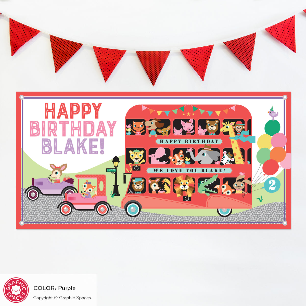 Animal Zoo London Bus Birthday Party Banner - PURPLE