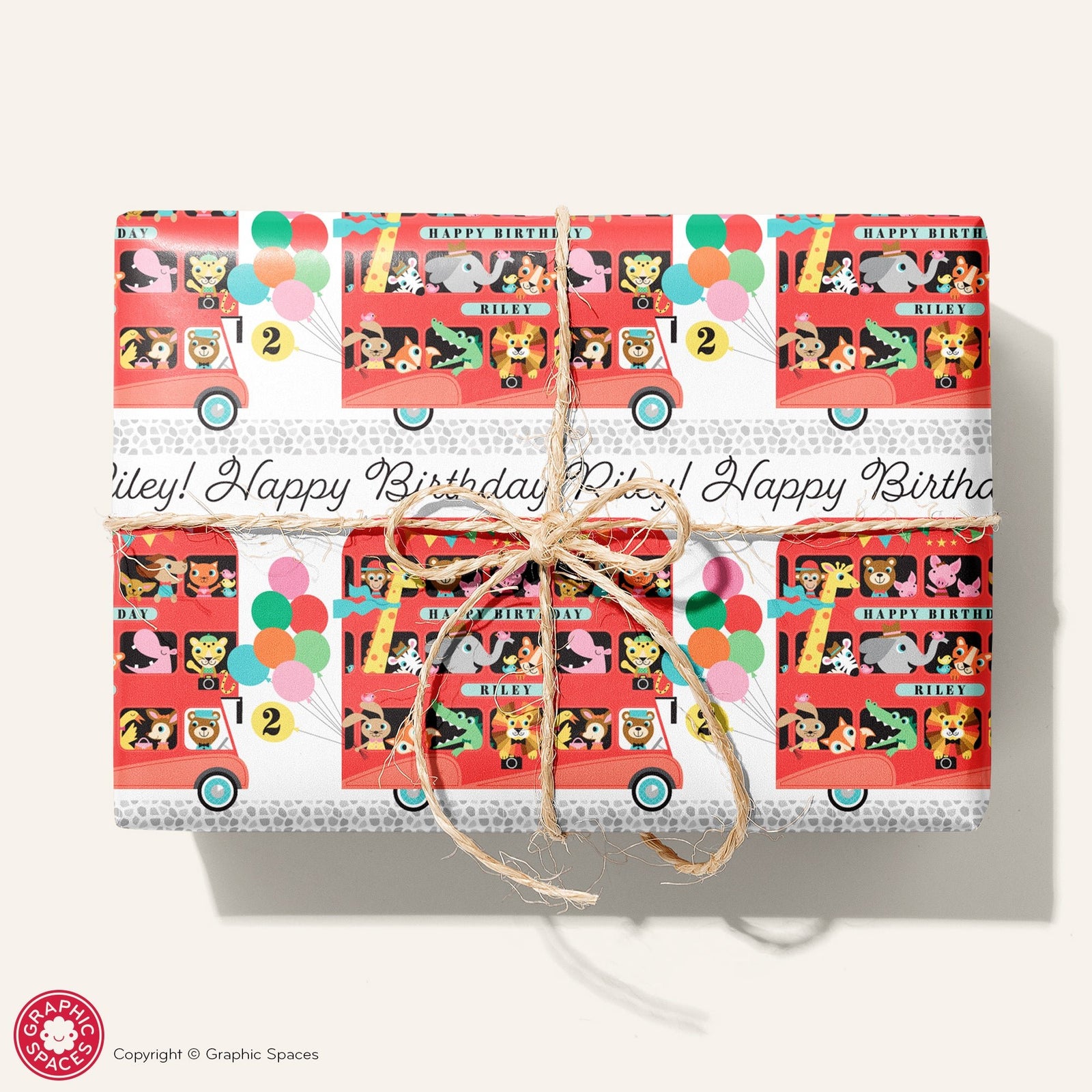 Kids Wrapping Paper - Animal Zoo London Bus Birthday (Personalized) - Graphic Spaces