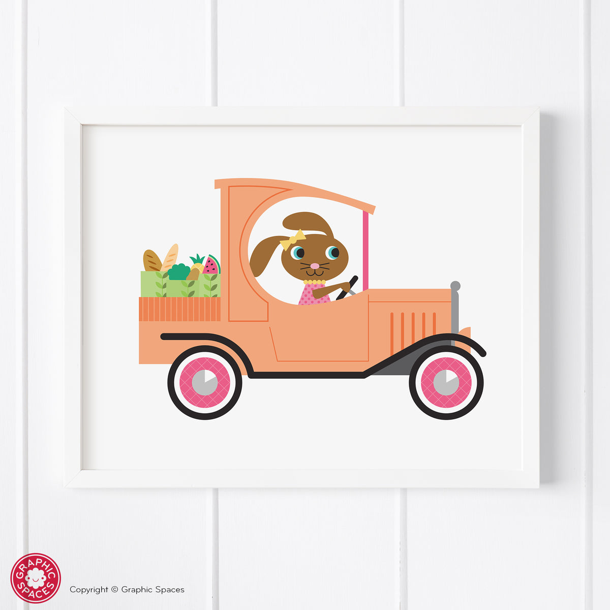 Car nursery art print, bunny.