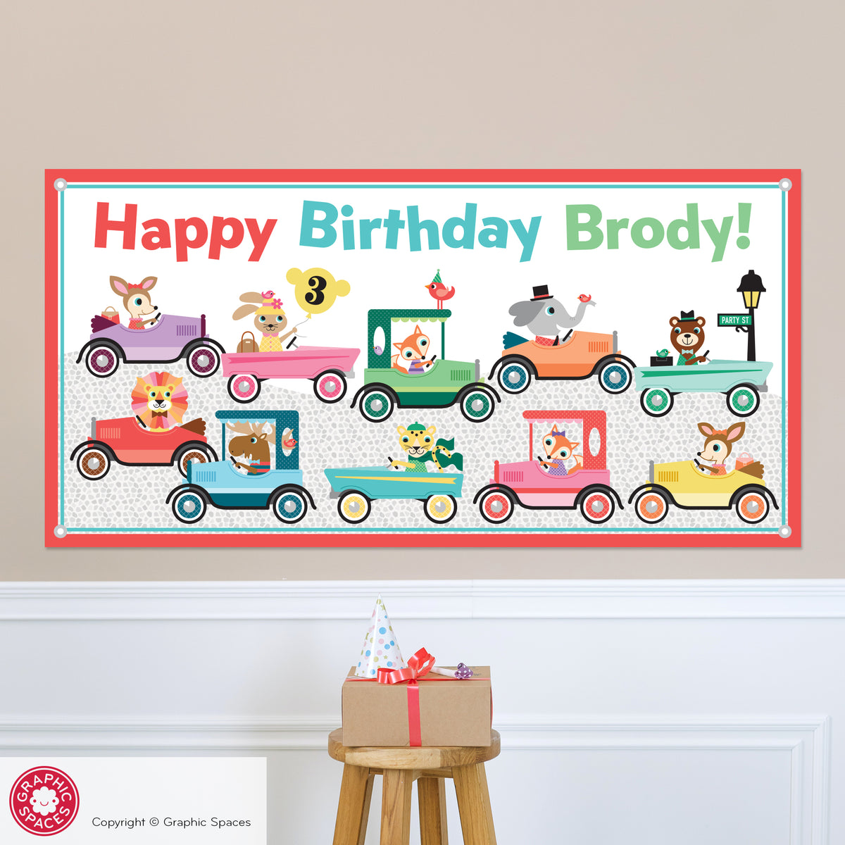 Animals in Cars Birthday Party Banner - Personalized