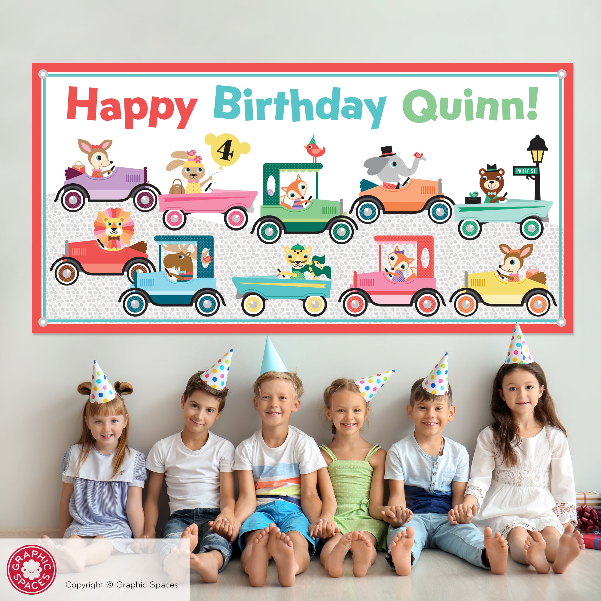Animals in Cars Birthday Party Banner - Kids Personalized - Graphic Spaces animals-in-cars-birthday-party-banner-kids-personalized-graphic-spaces