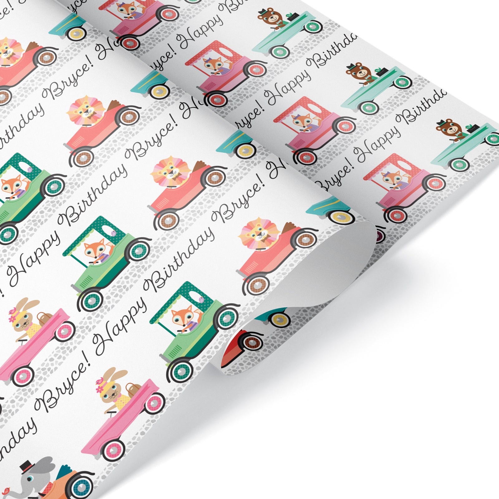 Kids Wrapping Paper - Animals in Cars Birthday (Personalized) - Graphic Spaces