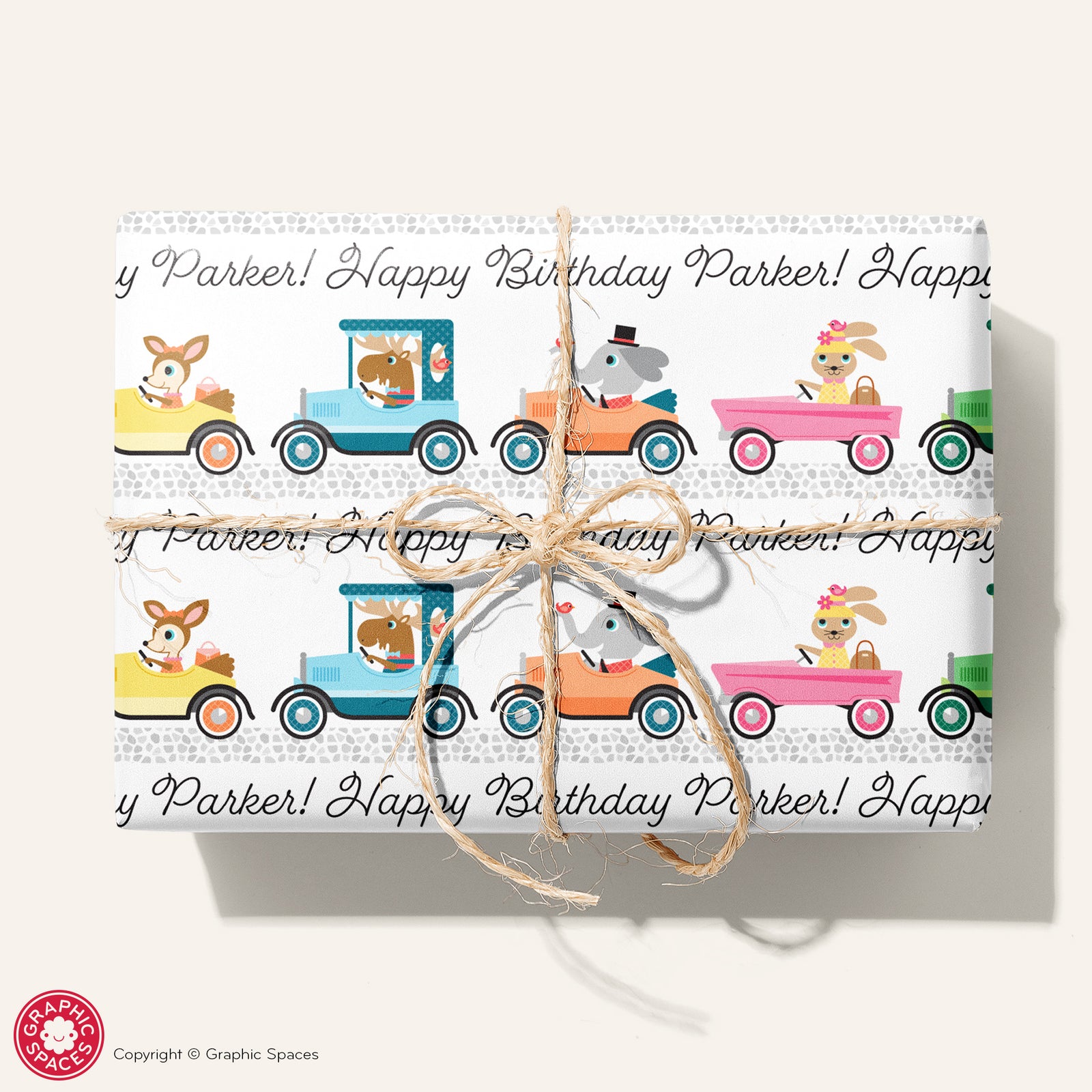 Kids Wrapping Paper - Animals in Cars Birthday (Personalized) - Graphic Spaces