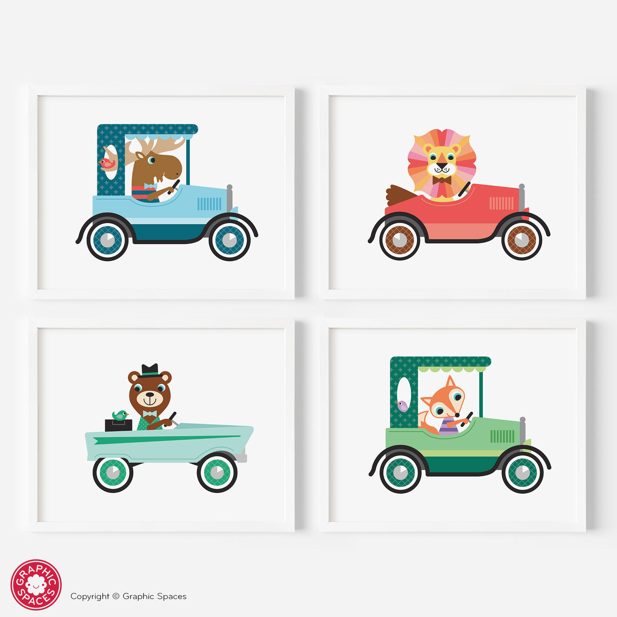 Car nursery art prints, animals.