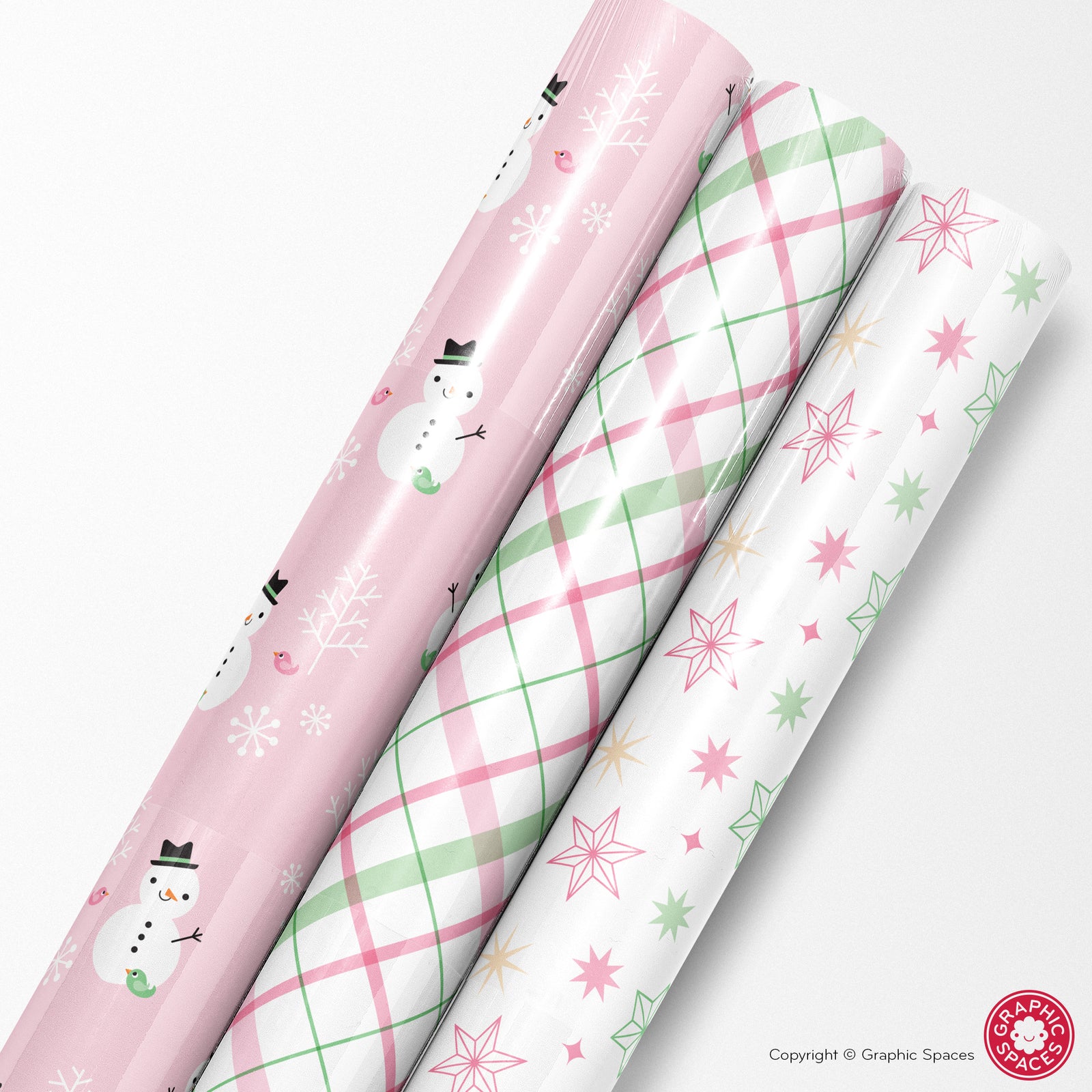 Pastel Winter Wrapping Paper - Set of 3 Assorted Christmas (Pastel Set #2) Snowman, Plaid, Star Patterns - Graphic Spaces