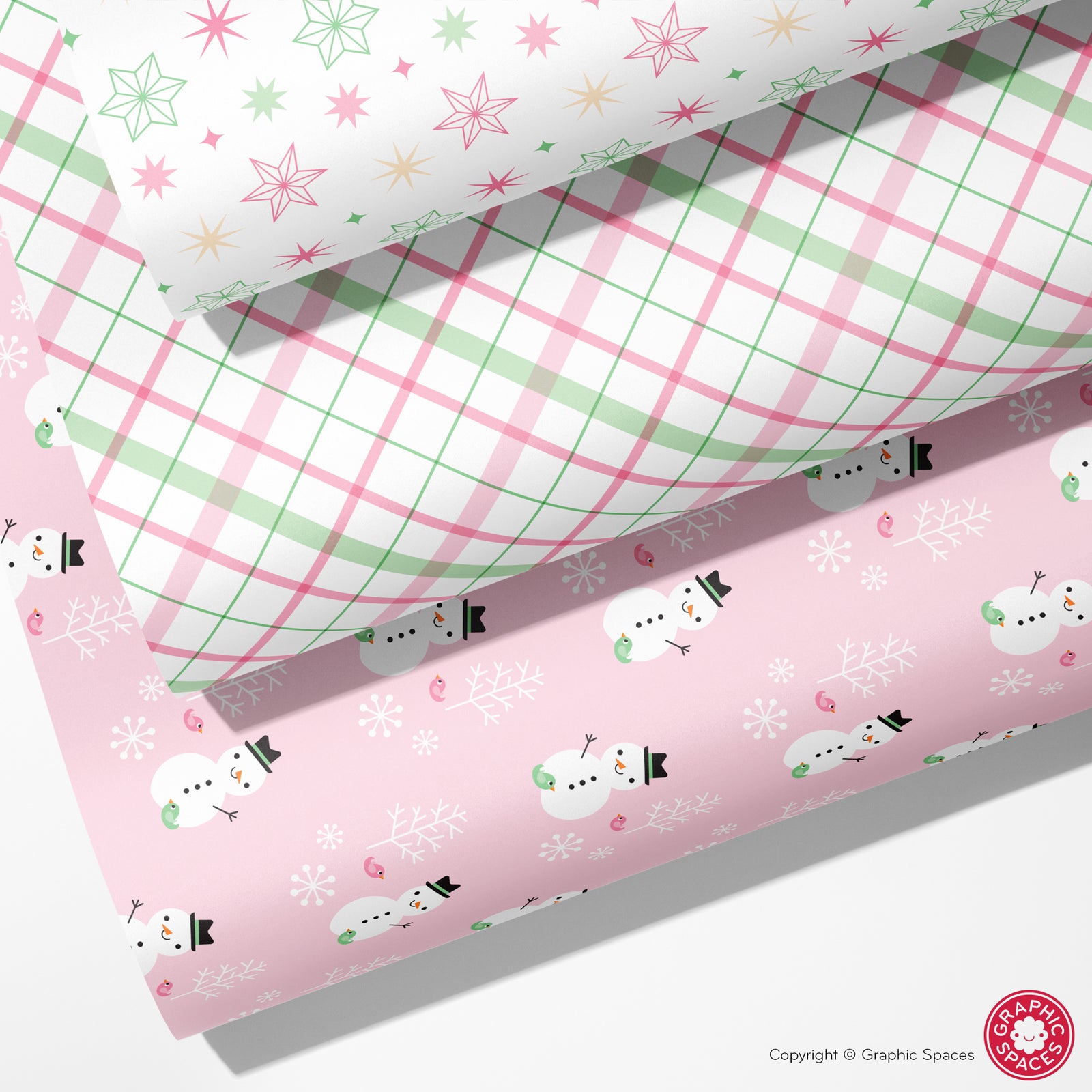 Pastel Winter Wrapping Paper - Set of 3 Assorted Christmas (Pastel Set #2) Snowman, Plaid, Star Patterns - Graphic Spaces
