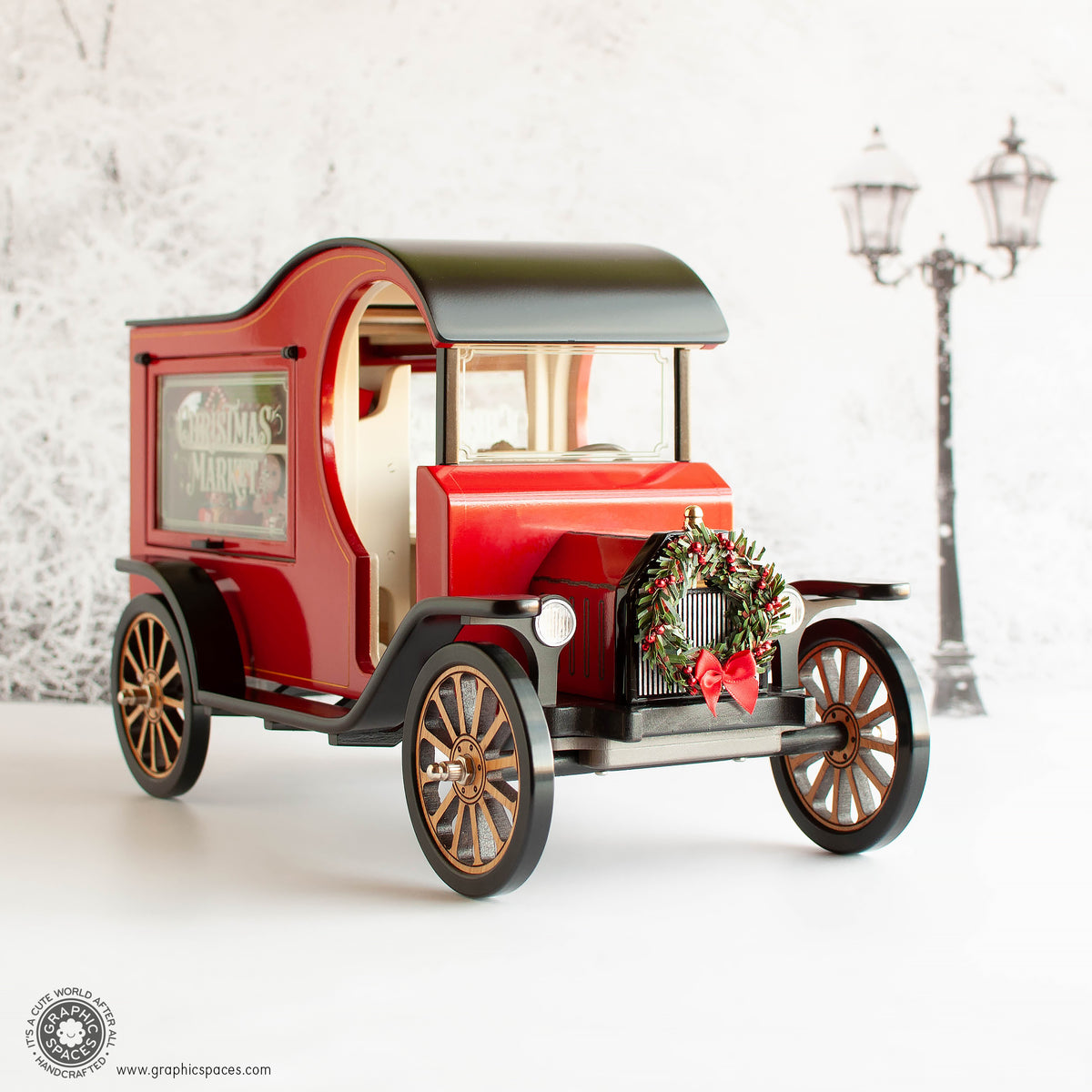 1:12 Scale Room Box Red Christmas Market Truck Model T C Cab. Front angle view showing grille and headlights. Window closed.