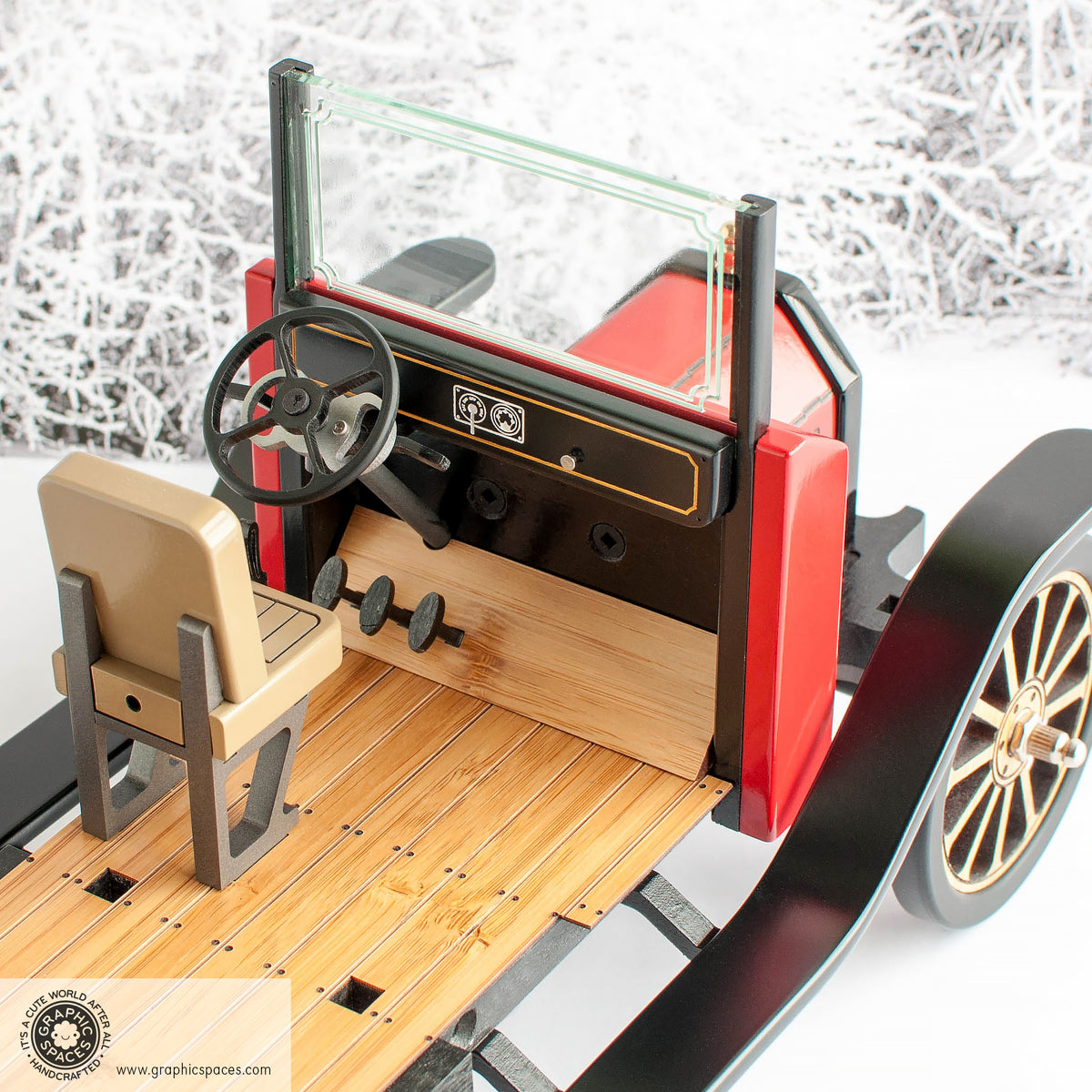 1:12 Scale Room Box Red Christmas Market Truck Model T C Cab. Detailed view of dash, floor, steering wheel, seat. No chassis.