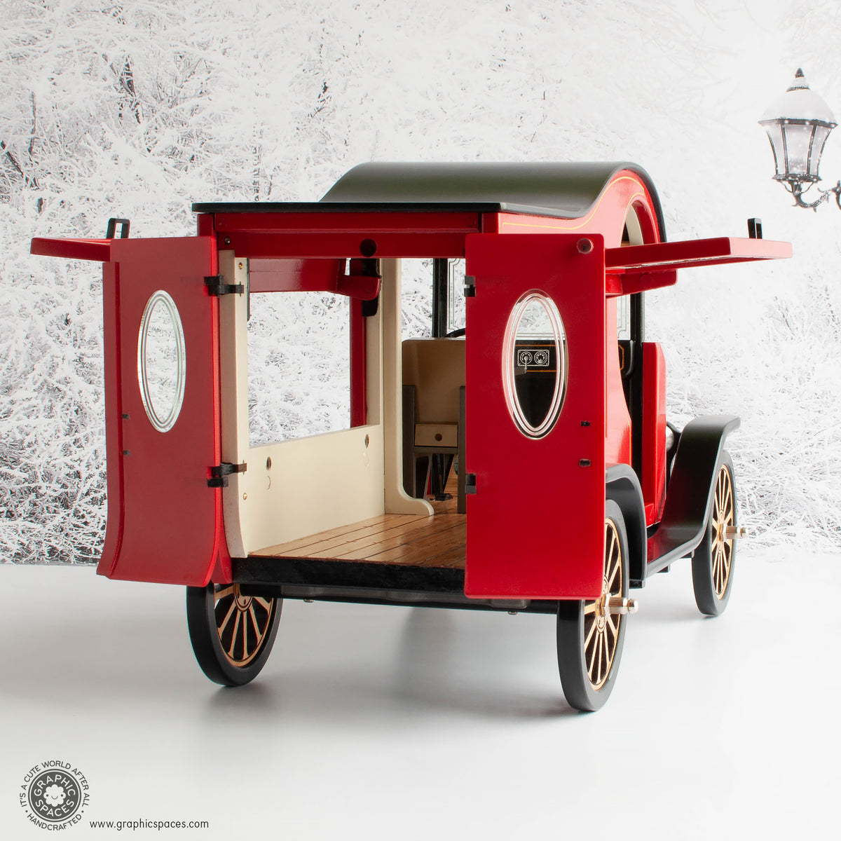 1:12 Scale Room Box Red Christmas Market Truck Model T C Cab. Open door rear view. No Counter or Shelves. Windows open.