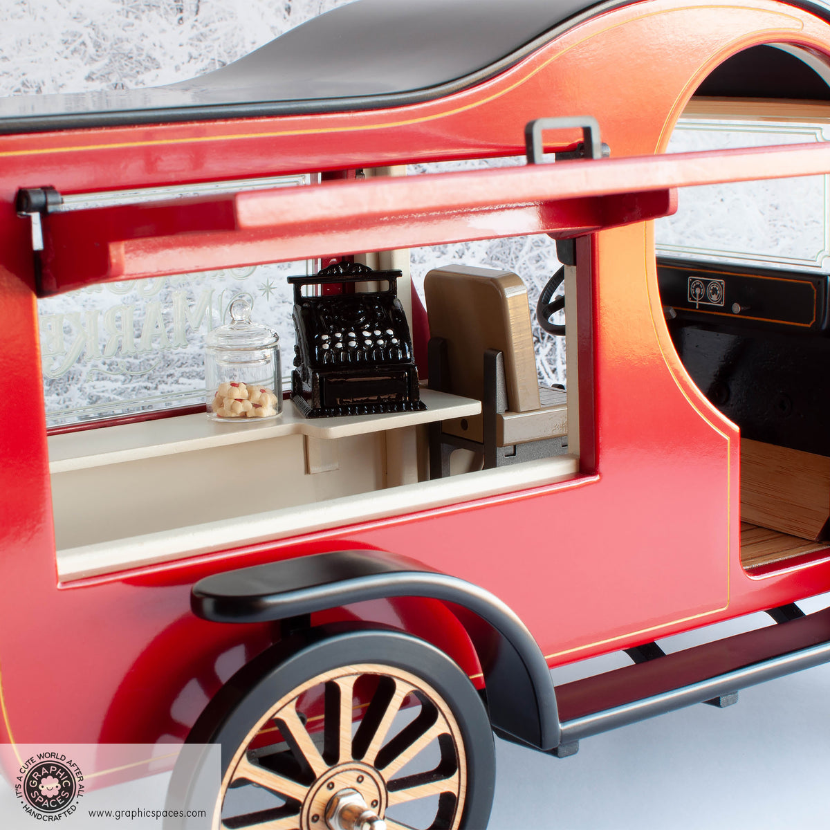 1:12 Scale Room Box Red Christmas Market Truck Model T C Cab. See through Counter view. No display shelf. Window open.