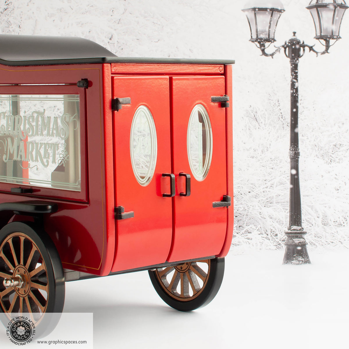 1:12 Scale Room Box Red Christmas Market Truck Model T C Cab. Detailed rear view with doors closed.