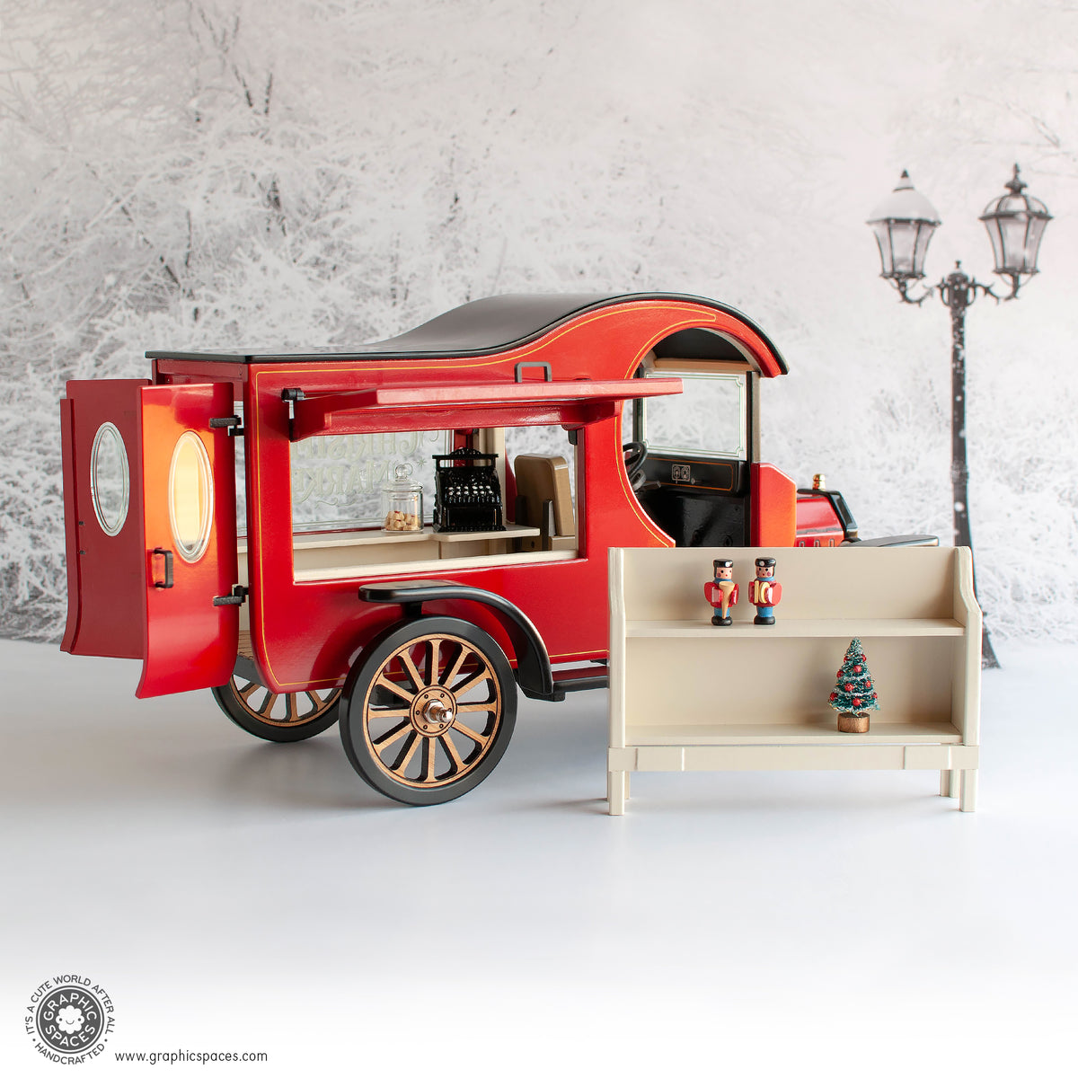 1:12 Scale Room Box Red Christmas Market Truck Model T C Cab. Passenger side see through. Uninstalled shelf. Rear doors open.