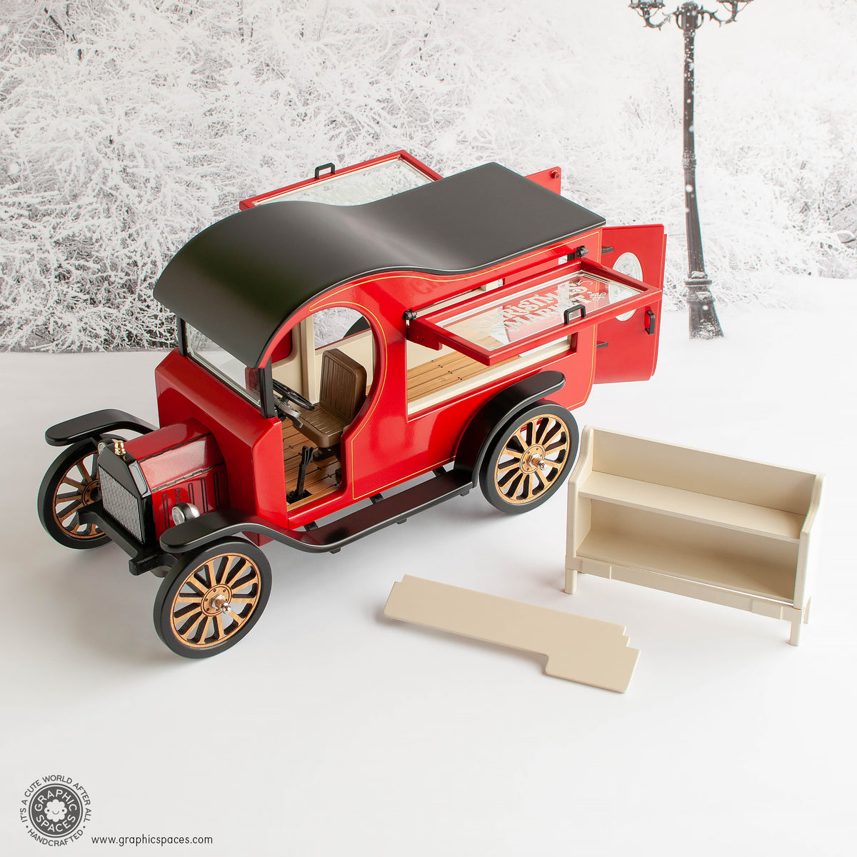 1:12 Scale Room Box Red Christmas Market Truck Model T C Cab. Driver side overhead view showing Counter and Shelf options.