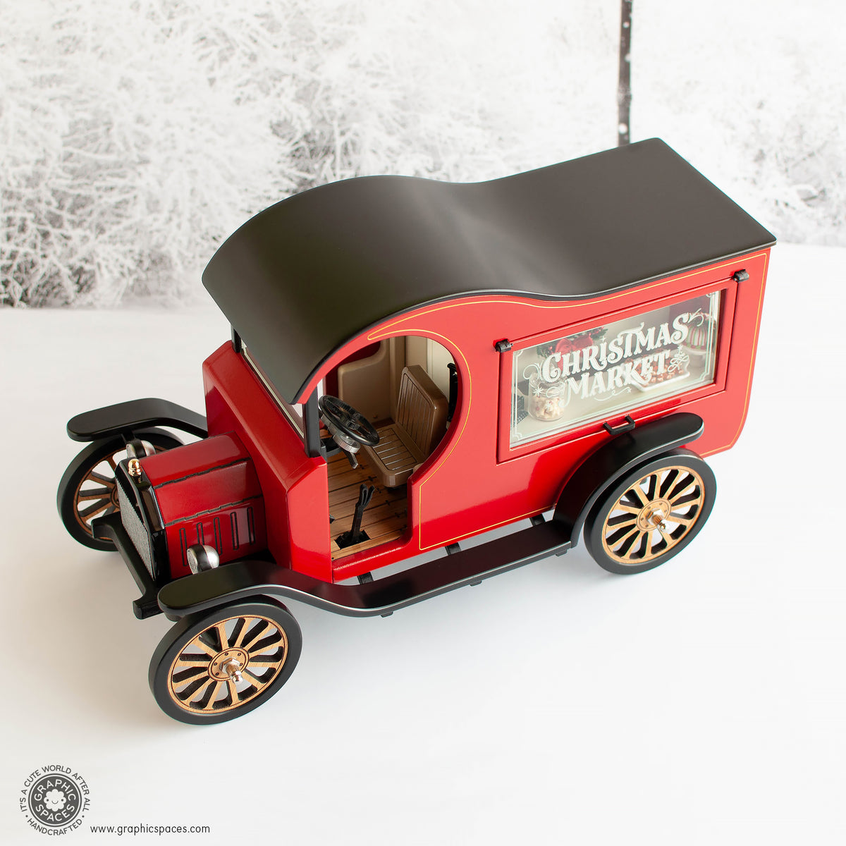 1:12 Scale Room Box Red Christmas Market Truck Model T C Cab. Driver side overhead angle view with window, doors closed.