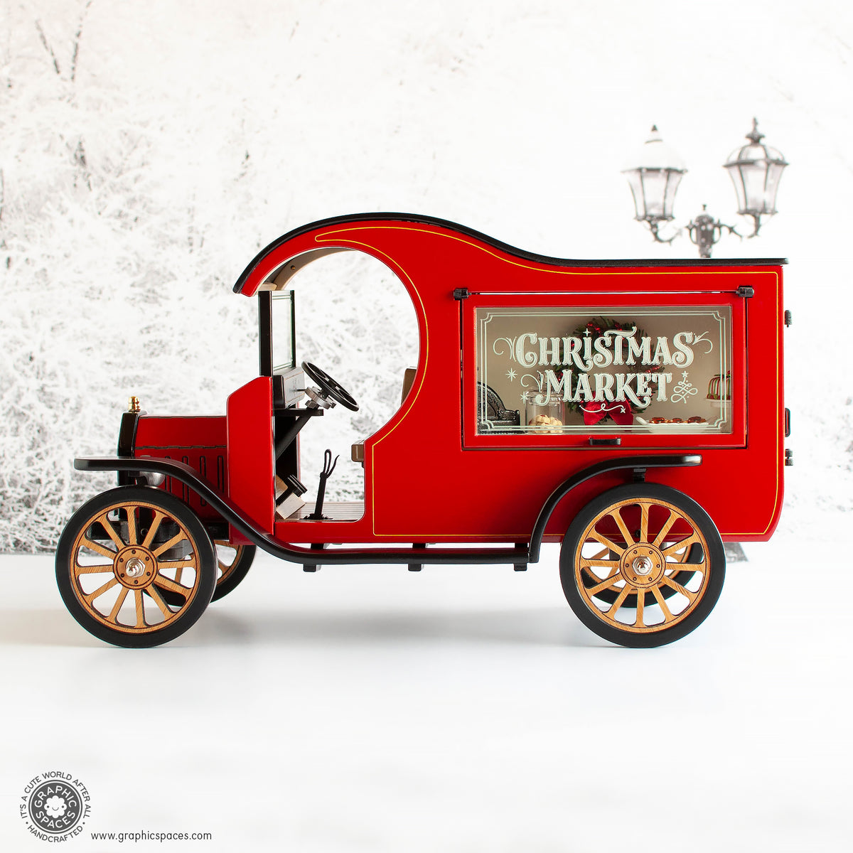 1 :12 Scale Room Box Red Christmas Market Truck Model T C cab. Driver side view of Counter display with window closed.