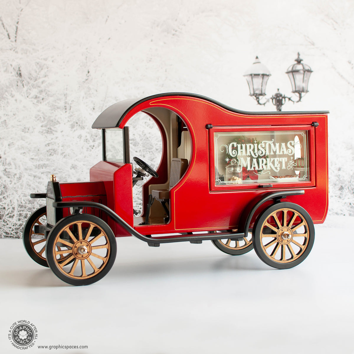 1 :12 Scale Room Box Red Christmas Market Truck Model T C cab. Driver side Counter view. Window closed. Cab seat detailed.