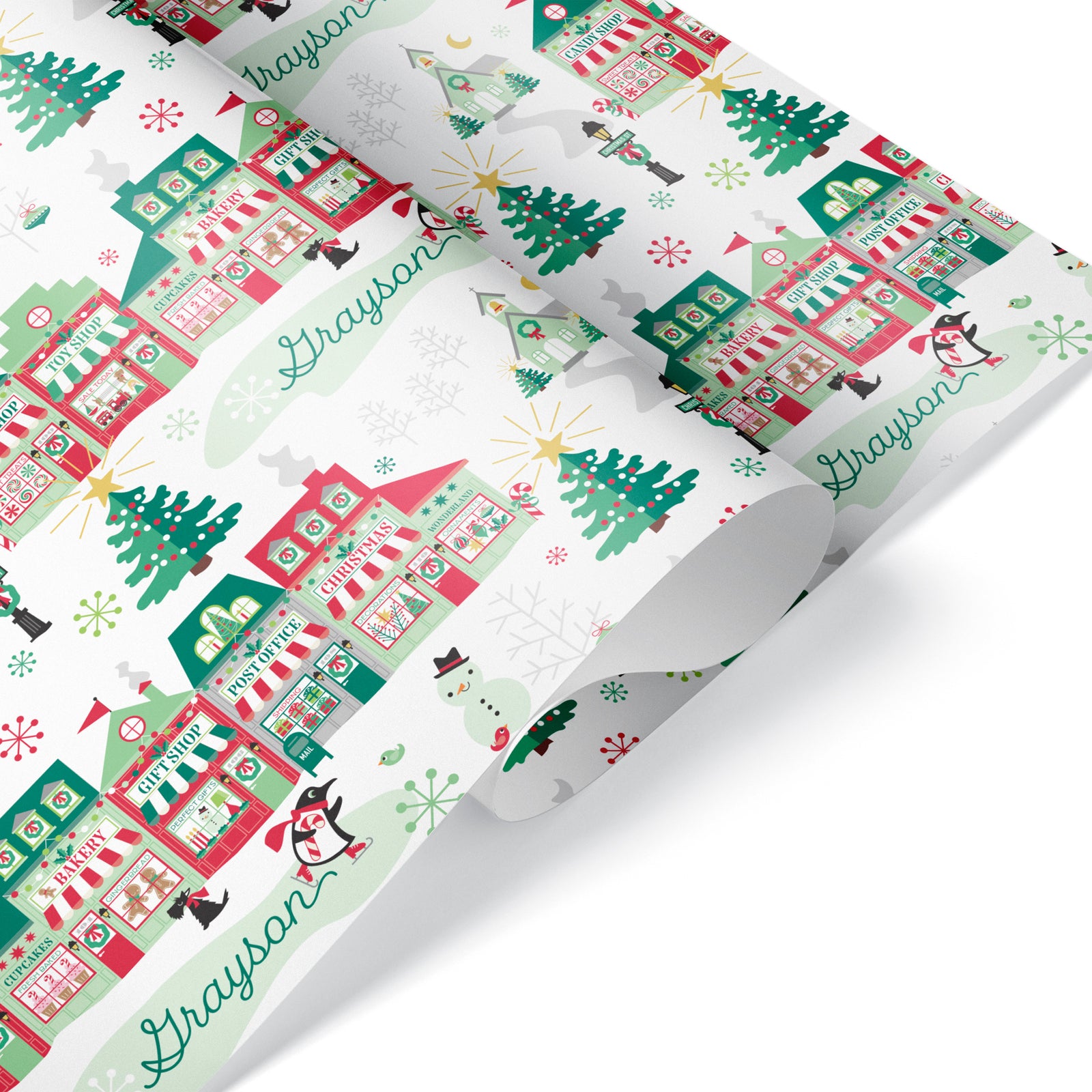 Wrapping Paper - Christmas Village (Personalized, Green & Red) - Graphic Spaces