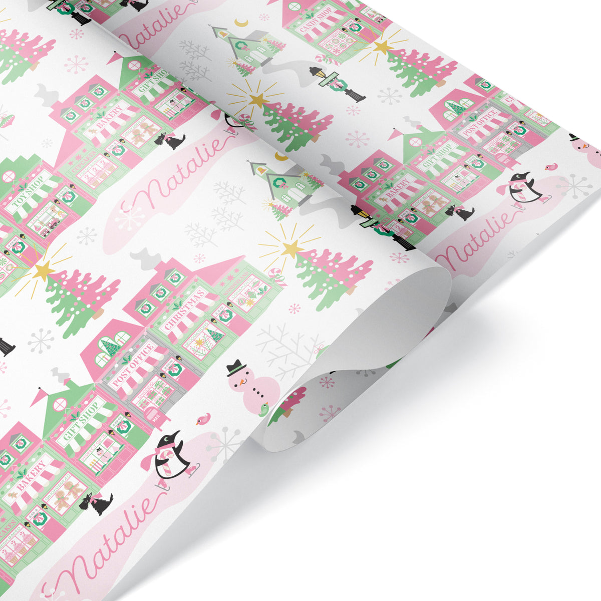 Pastel Christmas Village Personalized Wrapping Paper - PINK
