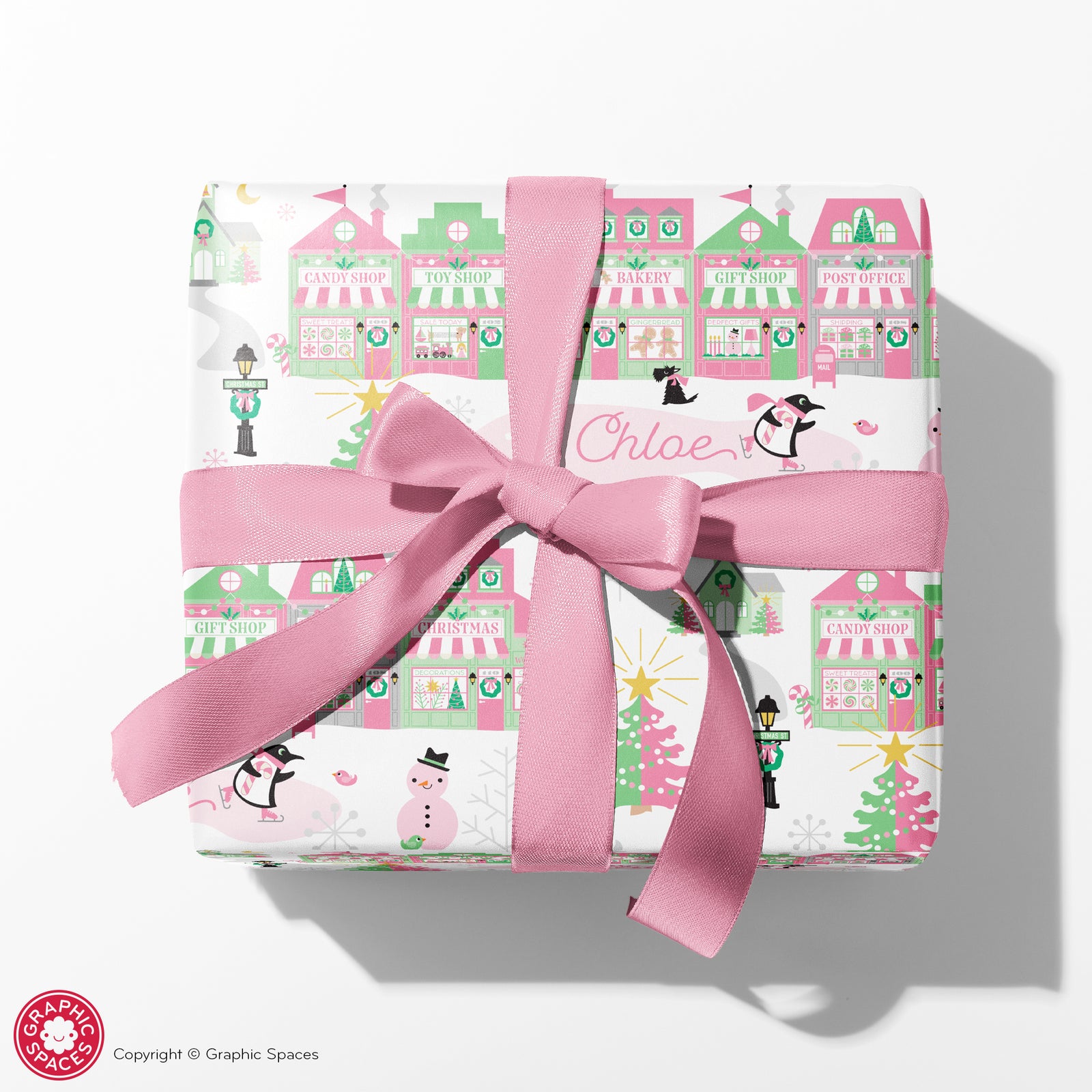 Wrapping Paper - Pastel Christmas Village (Personalized, Pink) - Graphic Spaces