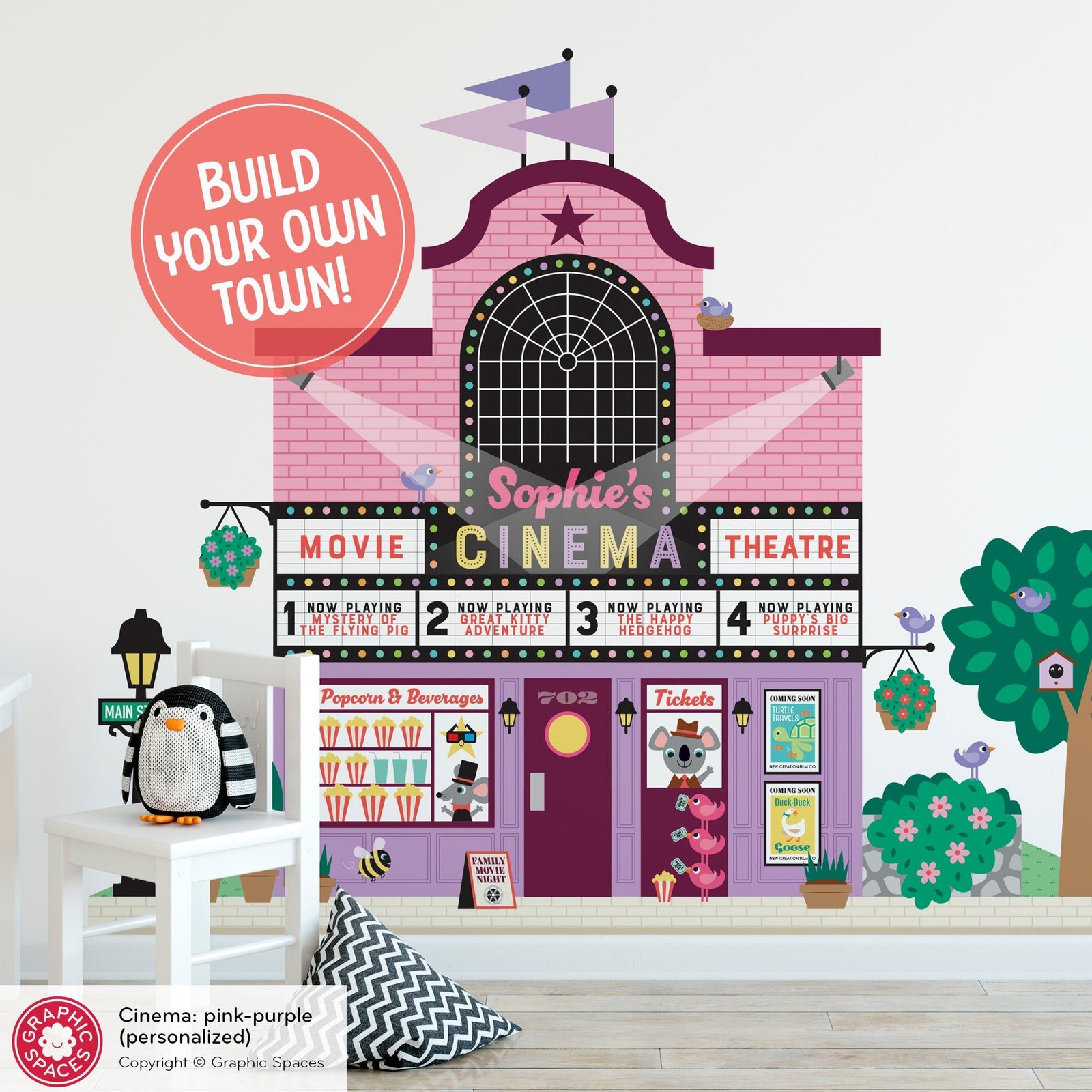 Kids Wall Decal - Happy Town Movie Theatre (Personalized, Pink-Purple Version) - Graphic Spaces