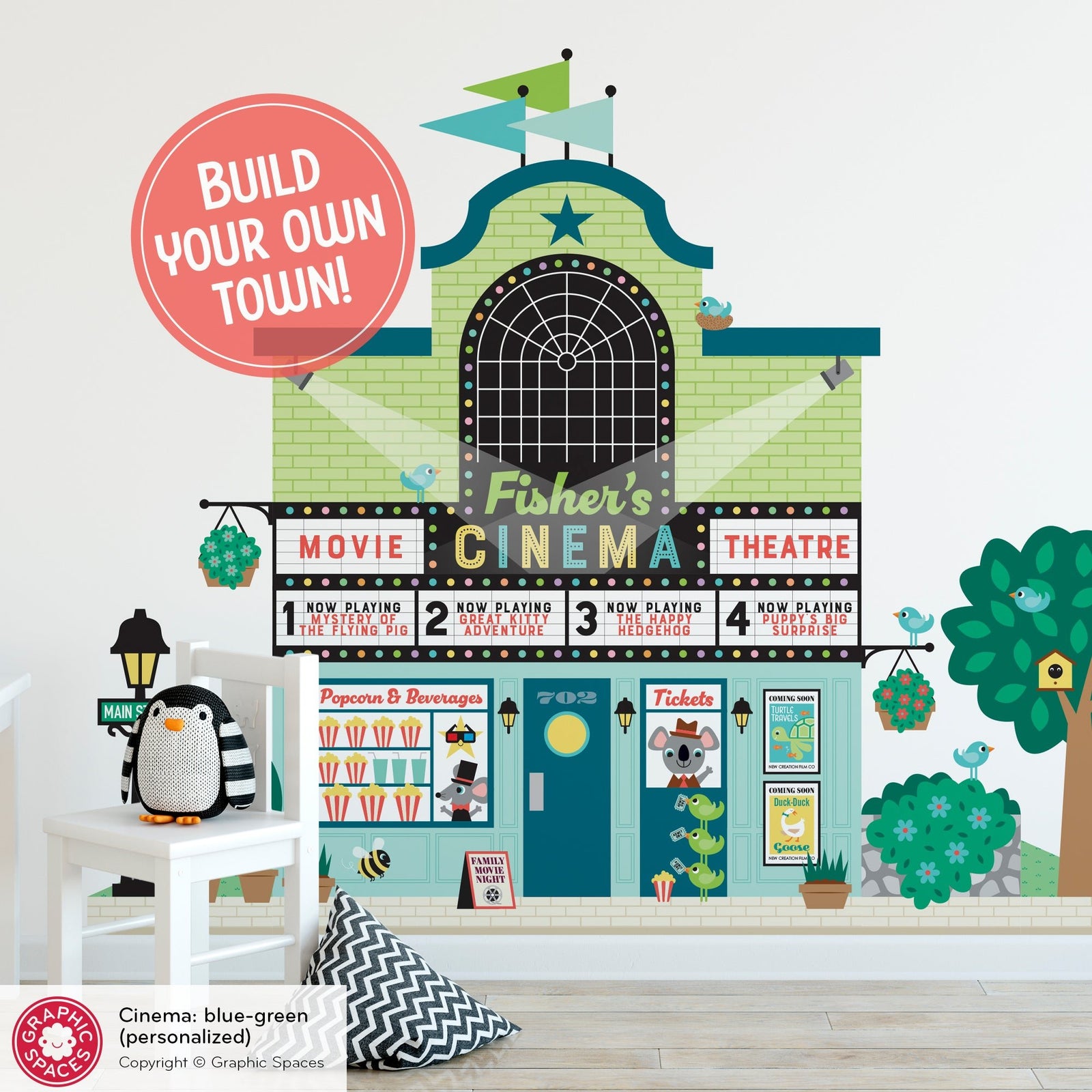 Kids Wall Decal - Happy Town Movie Theatre (Personalized, Blue-Green Version) - Graphic Spaces