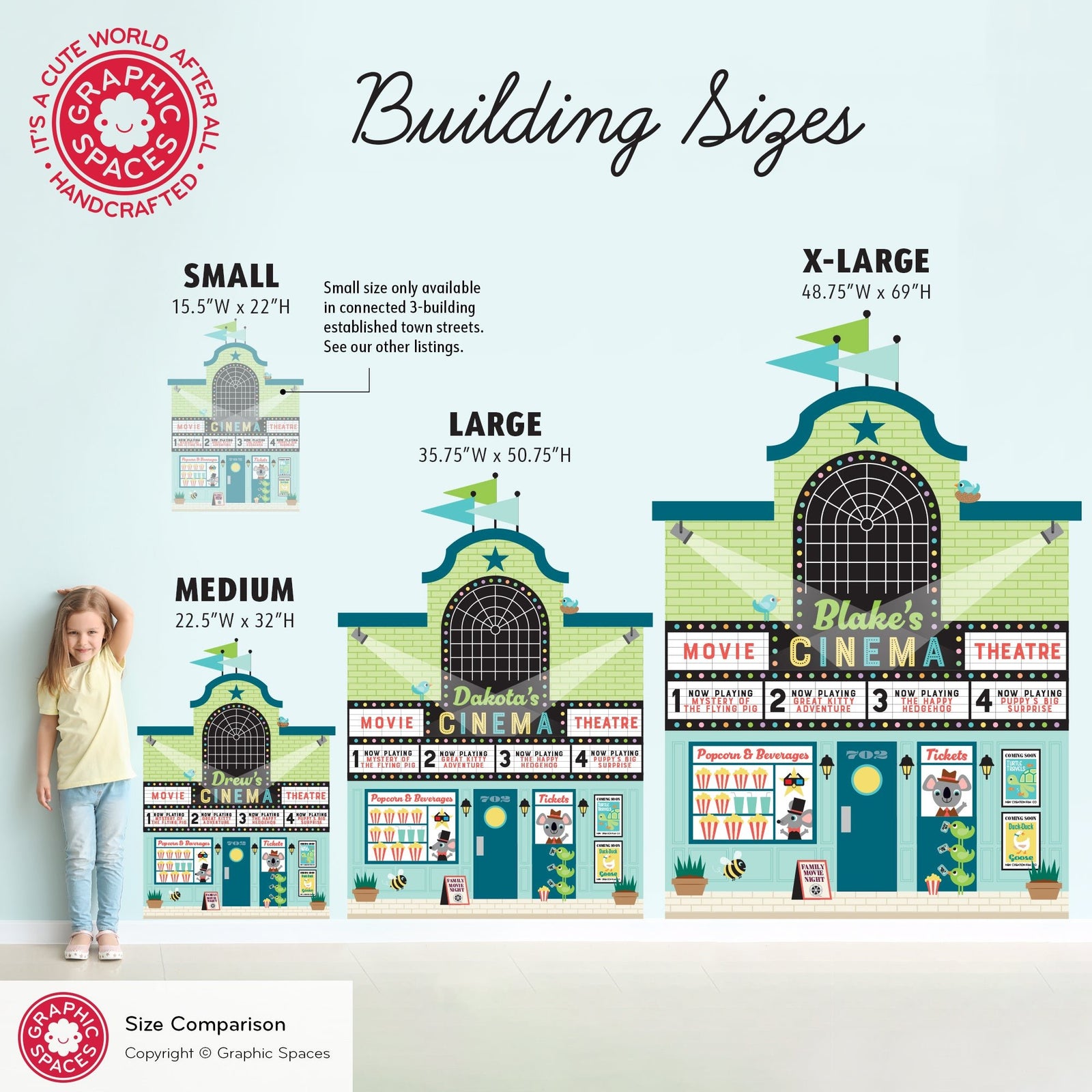 Kids Wall Decal - Happy Town Movie Theatre (Personalized, Blue-Green Version) - Graphic Spaces