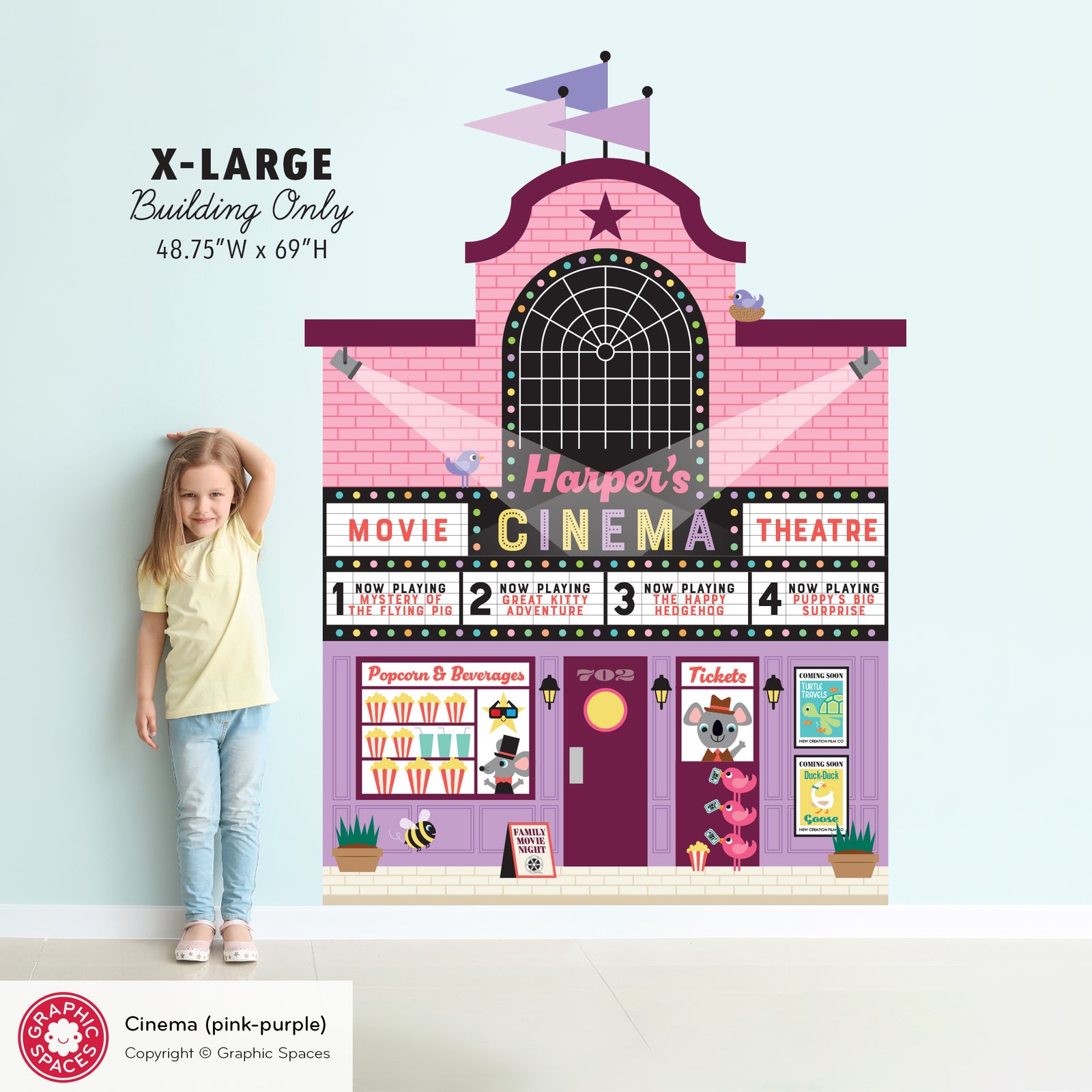 Kids Wall Decal - Happy Town Movie Theatre (Personalized, Pink-Purple Version) - Graphic Spaces