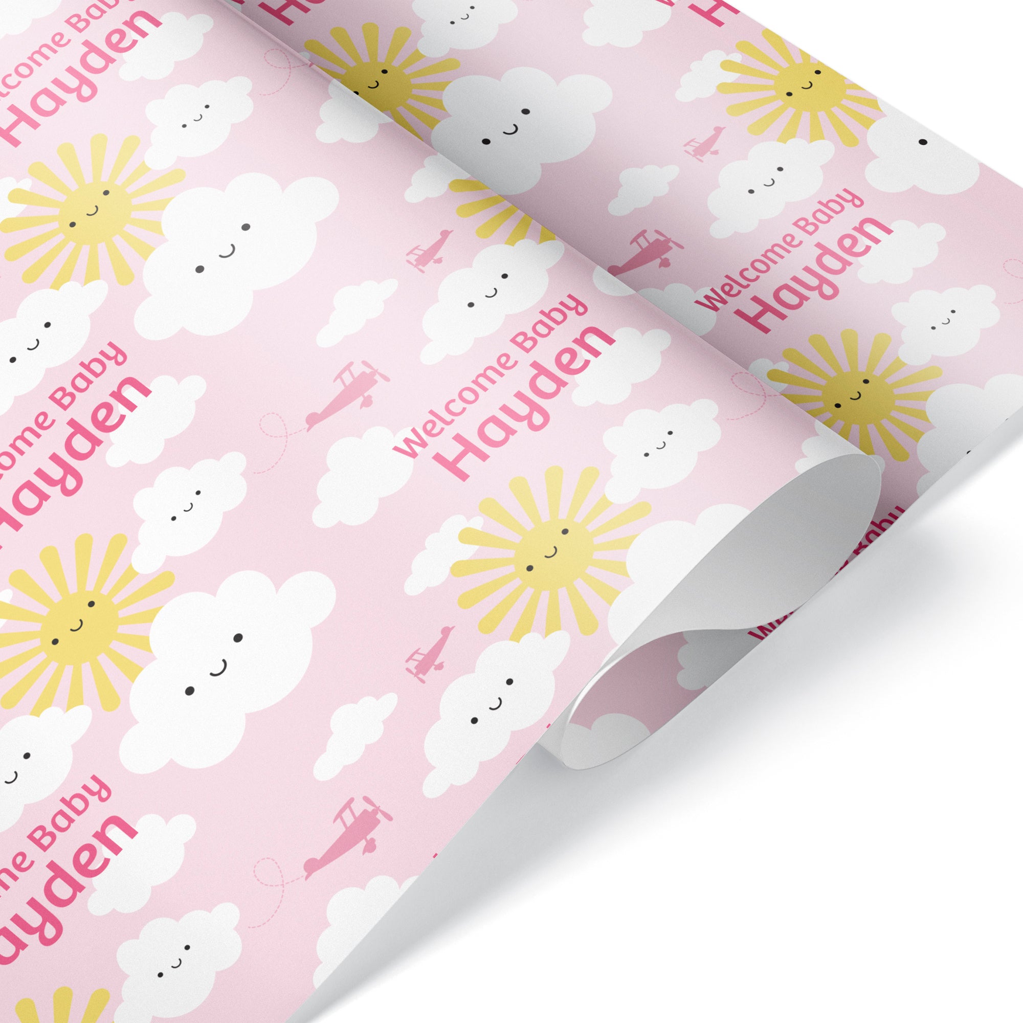 Happy Clouds Personalized Name Baby Shower Wrapping Paper - Pink - Graphic  Spaces