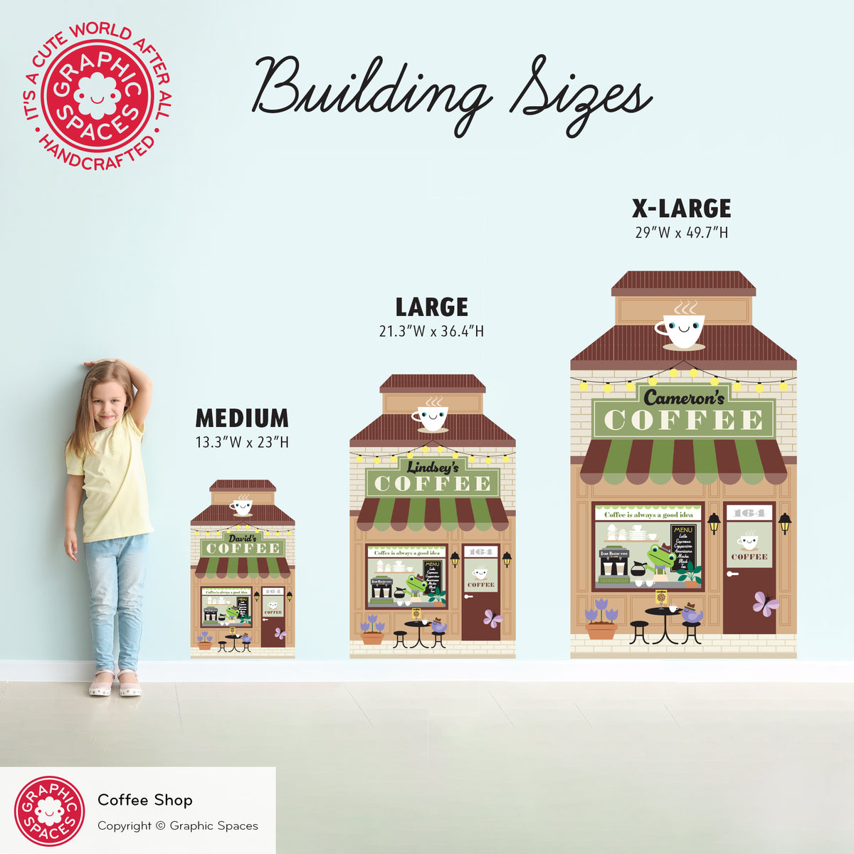Kids Wall Decal - Happy Town Coffee Shop (Personalized) Size Comparison - Graphic Spaces