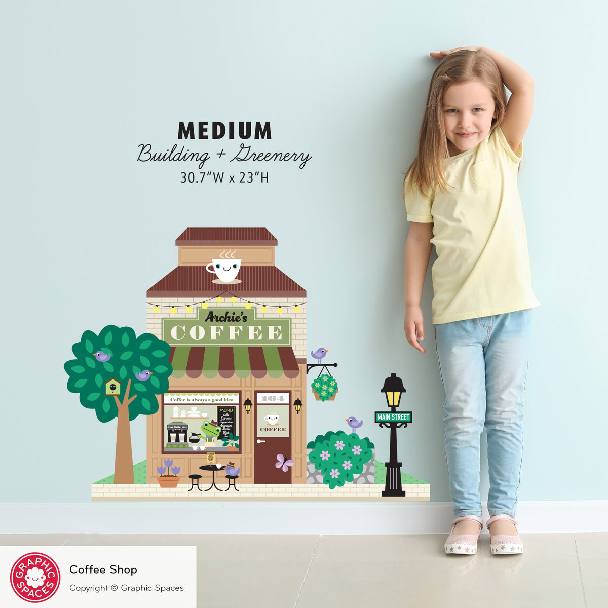 Kids Wall Decal - Happy Town Coffee Shop (Personalized) - MEDIUM Building + Greenery - Graphic Spaces
