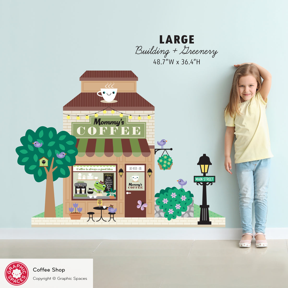 Kids Wall Decal - Happy Town Coffee Shop (Personalized) - LARGE Building + Greenery - Graphic Spaces