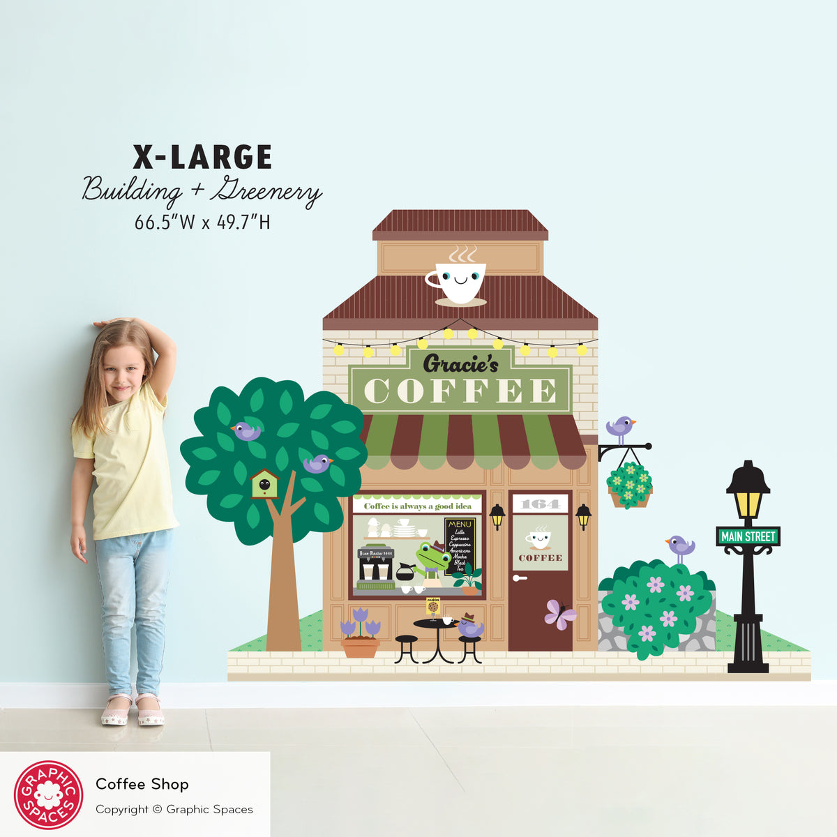 Kids Wall Decal - Happy Town Coffee Shop (Personalized) - X-LARGE Building + Greenery - Graphic Spaces