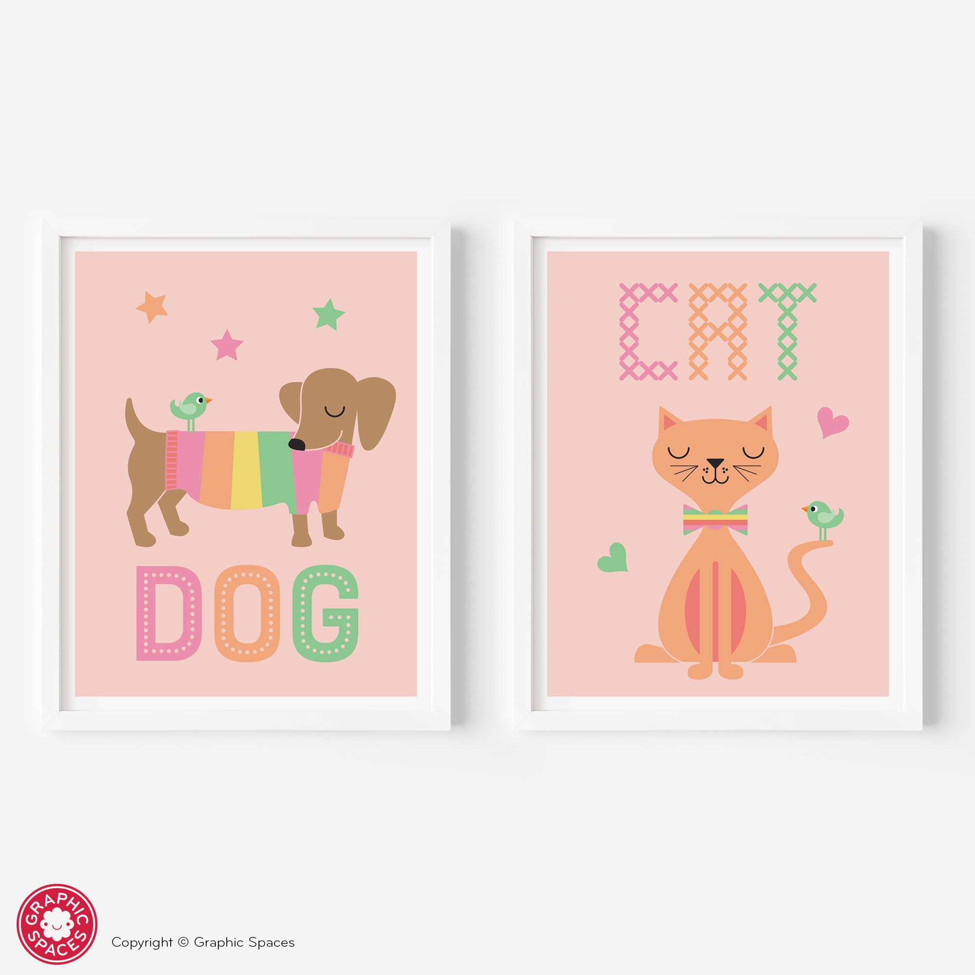 Dog and Cat nursery art prints. Set of two.