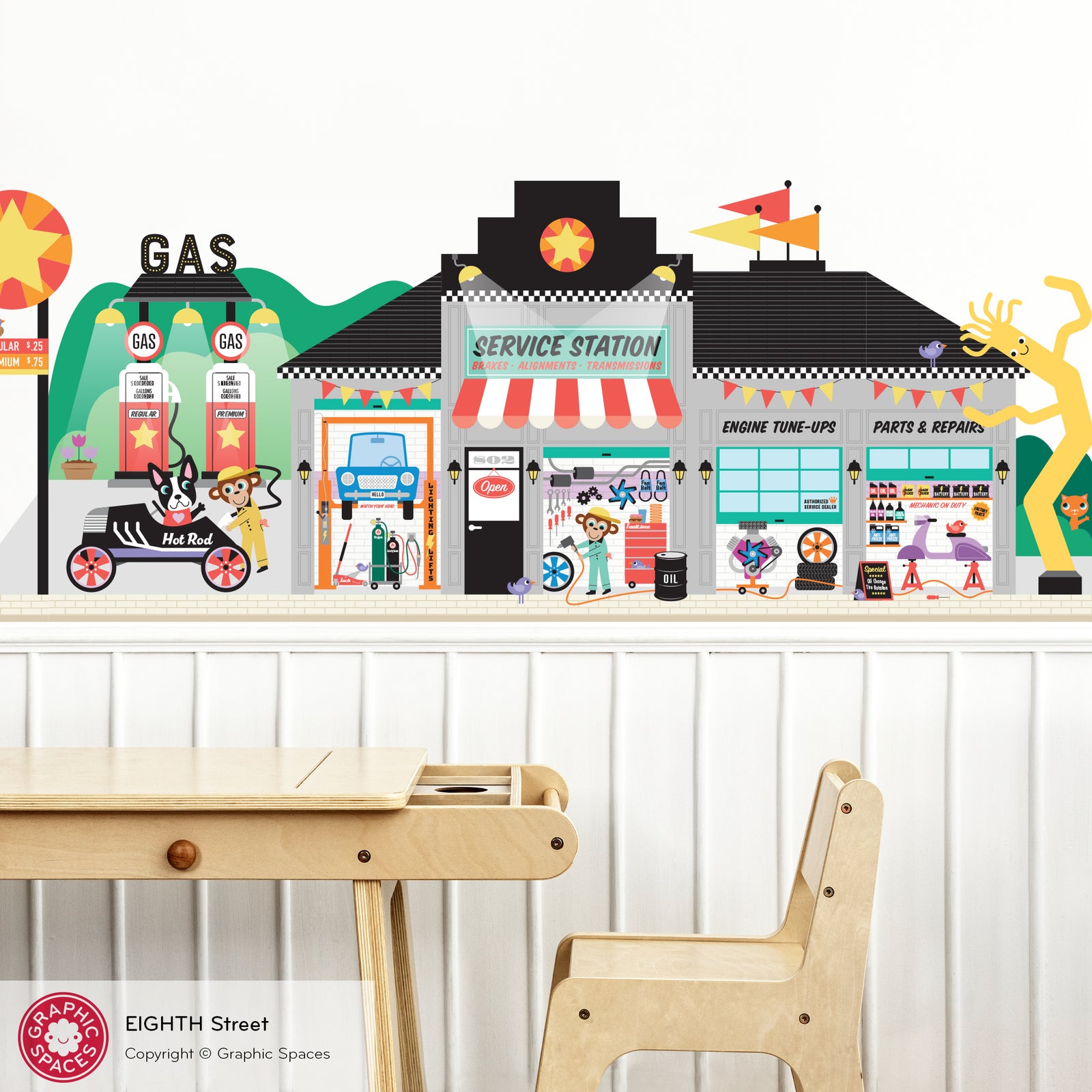 Kids Wall Decal - Happy Town 8th St (Gas & Car Service Station) - Graphic Spaces