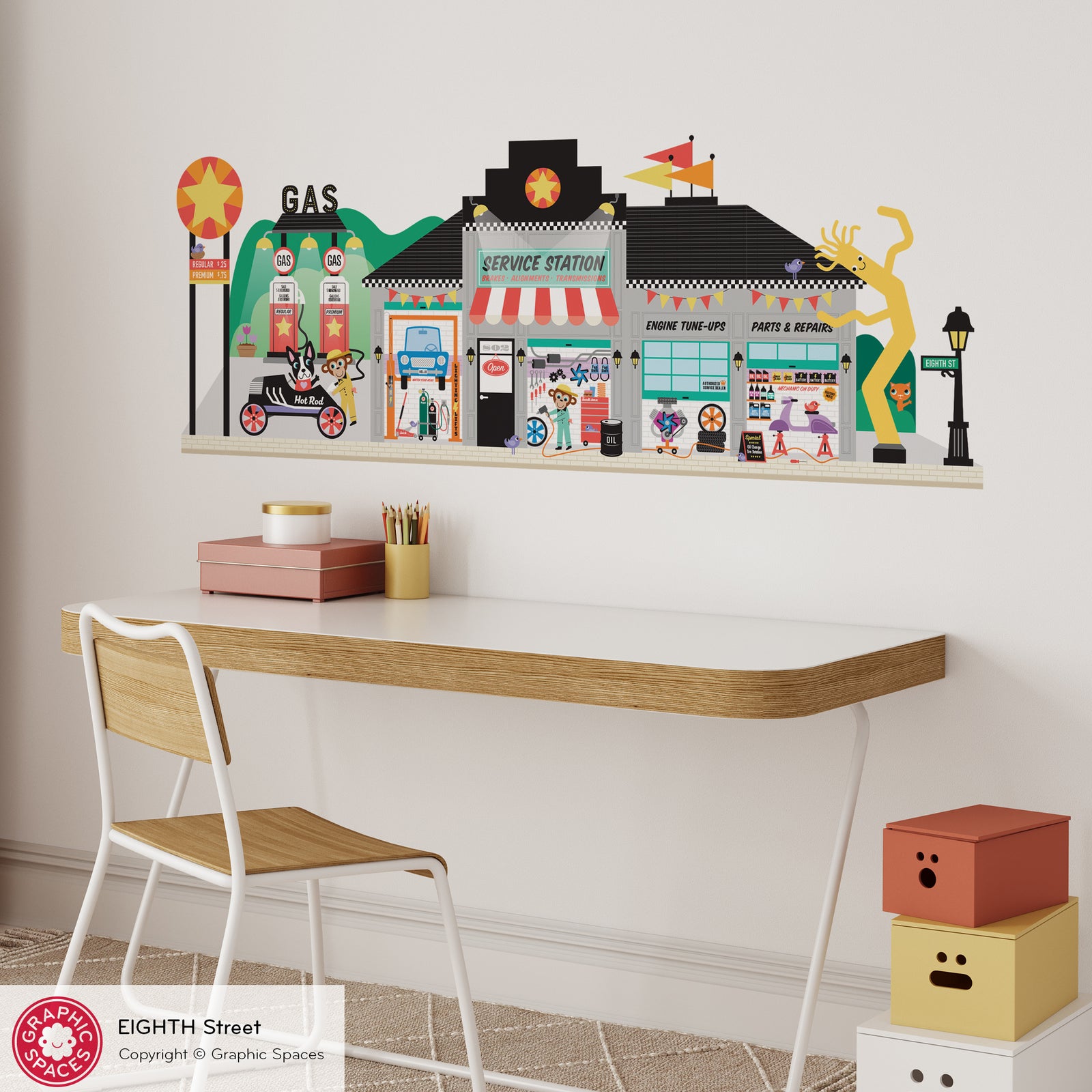 Kids Wall Decal - Happy Town 8th St (Gas & Car Service Station) - Graphic Spaces