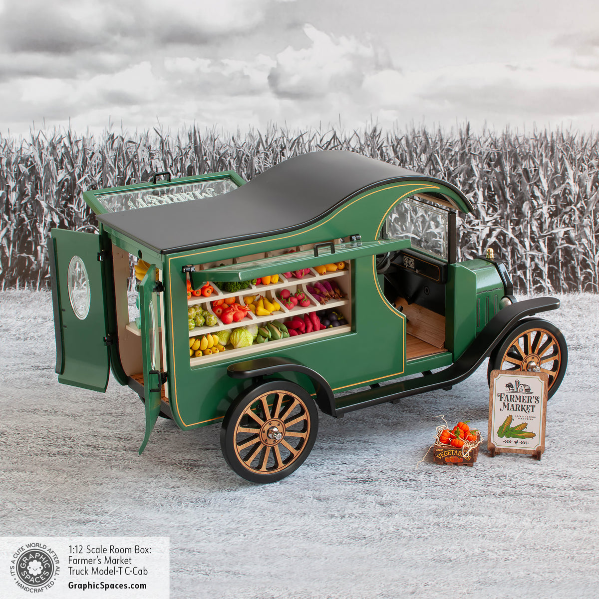 1:12 Scale Room Box Green Farmer&#39;s Market Truck Model T C Cab. Full passenger side view. Display windows and doors open.