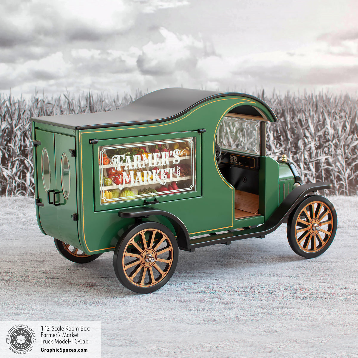 1:12 Scale Room Box Green Farmer&#39;s Market Truck Model T C Cab. Full passenger side view. Display window closed.