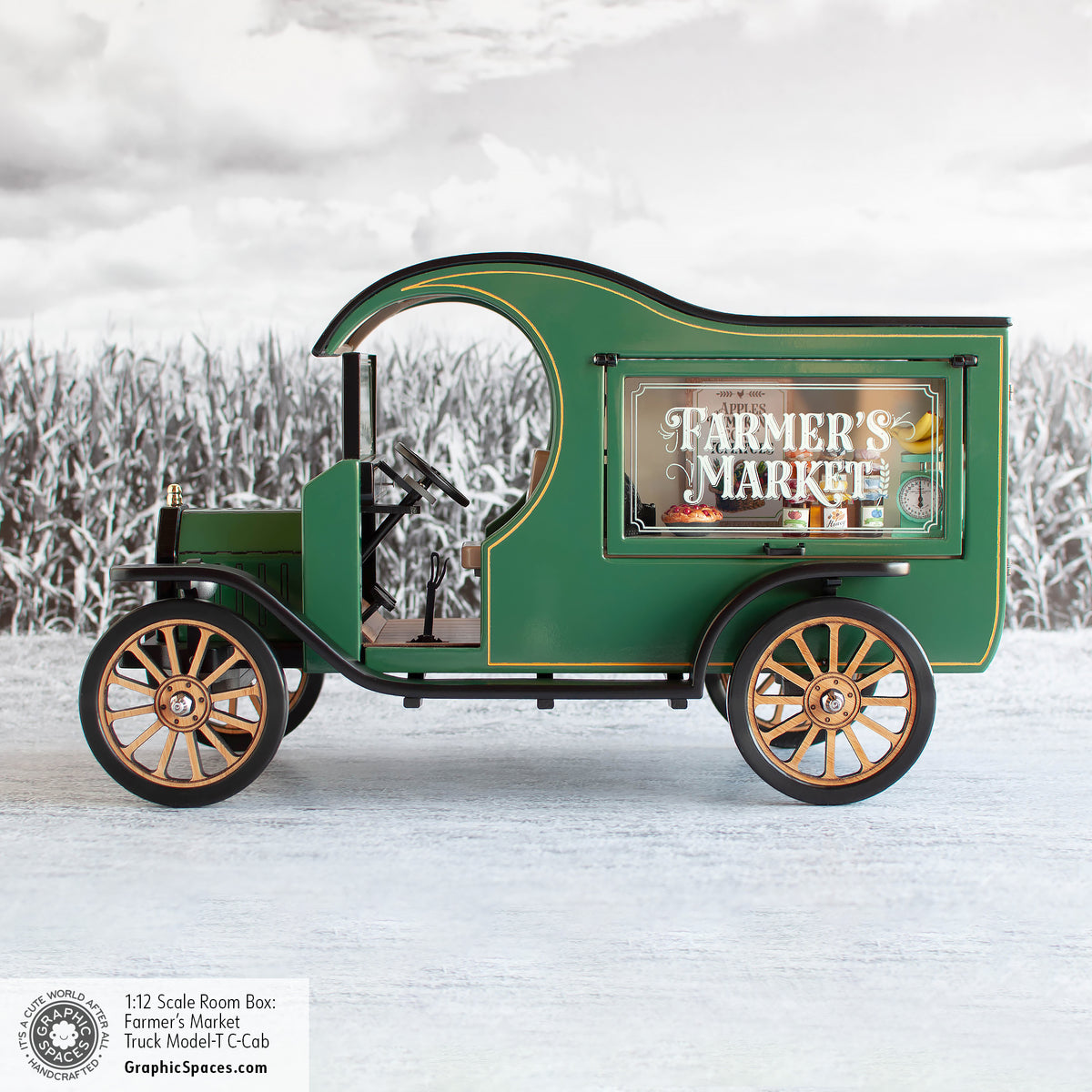 1:12 Scale Room Box Green Farmer&#39;s Market Truck Model T C cab. Driver side view. Counter display with window closed.