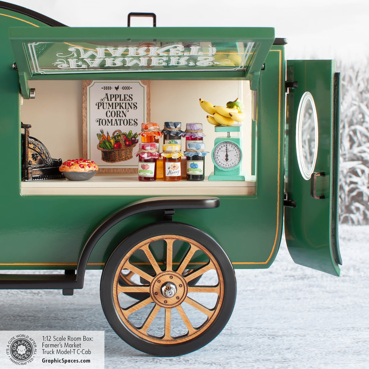 1:12 Scale Room Box Green Farmer&#39;s Market Truck Model T C Cab. Detailed rear driver side view. Doors and display window open.