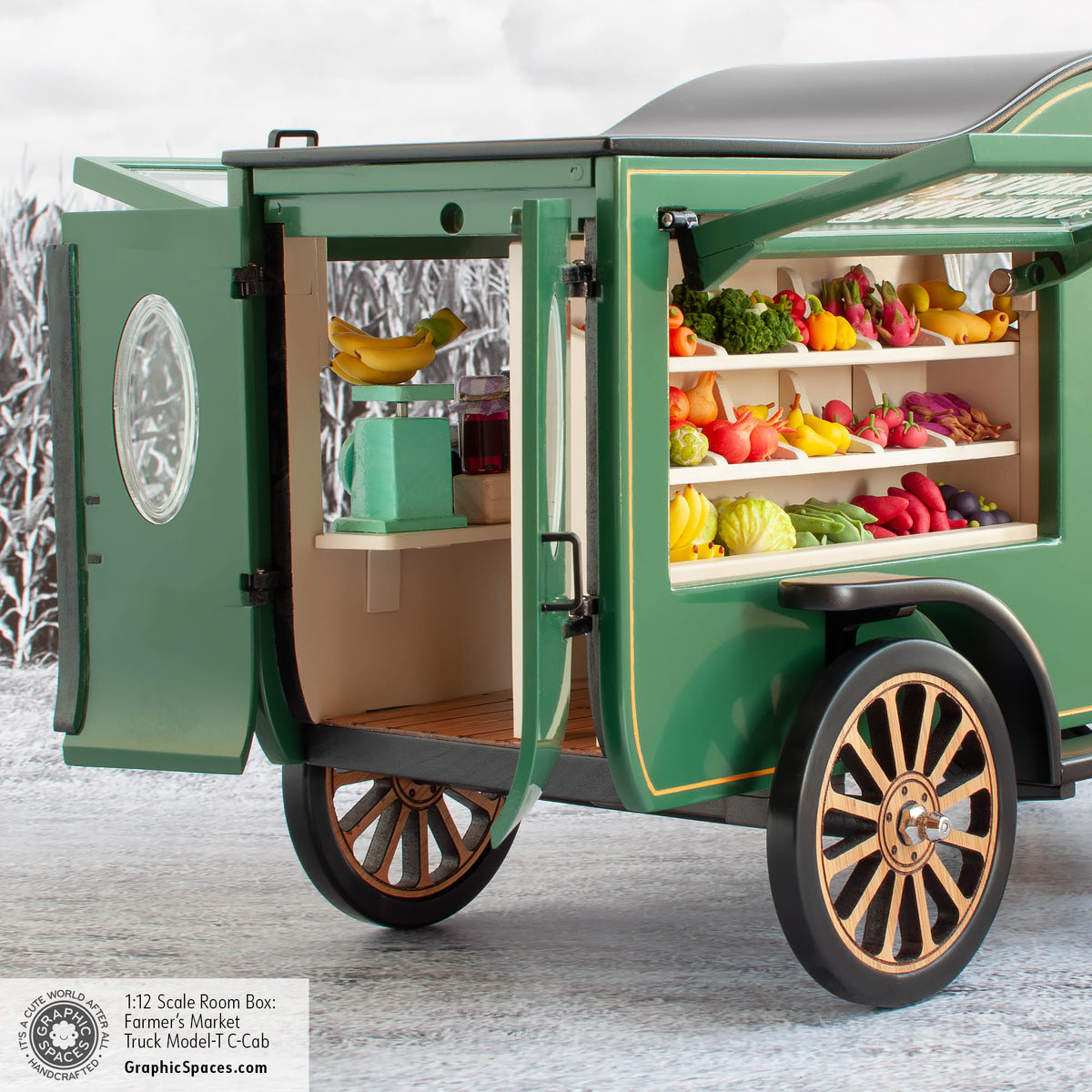 1:12 Scale Room Box Green Farmer&#39;s Market Truck Model T C Cab. Rear view open doors. Partial Counter and Shelves displayed.