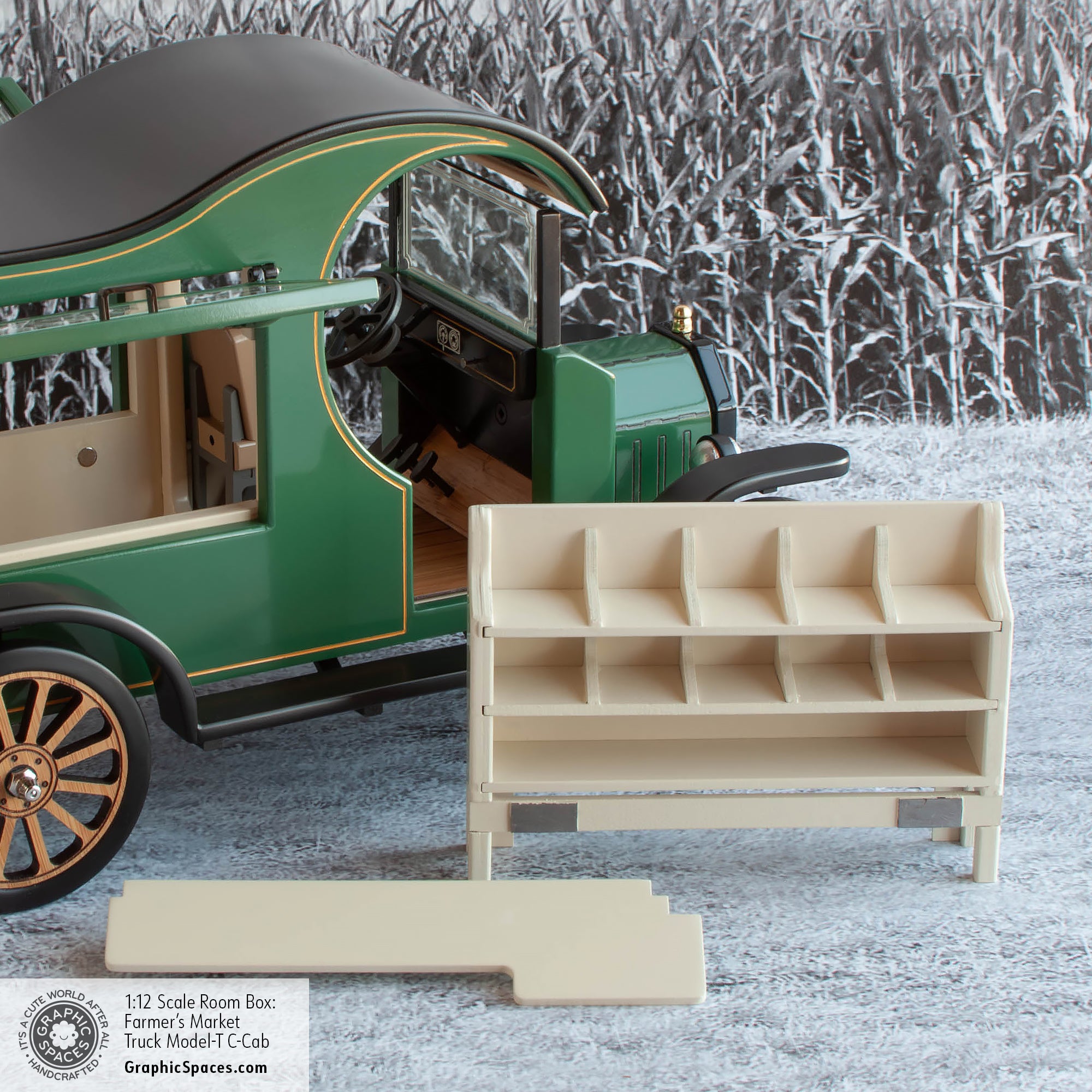 1:12 Scale Room Box Green Farmer's Market Truck Model T C Cab. Side view, window open displaying fruits and vegetables.