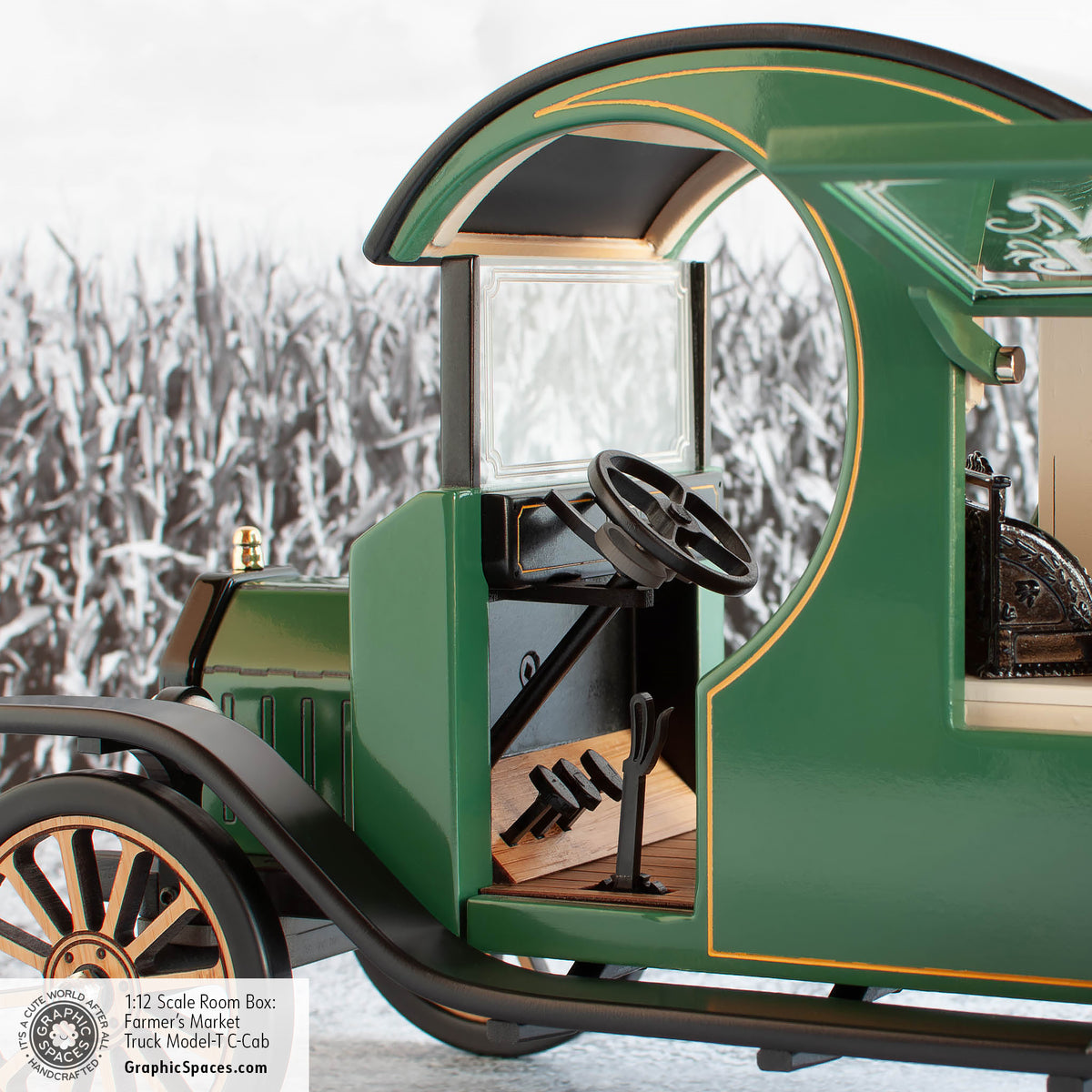 1:12 Scale Room Box Green Farmer&#39;s Market Truck Model T C Cab. Interior driver side detailing dash, floor, steering wheel.