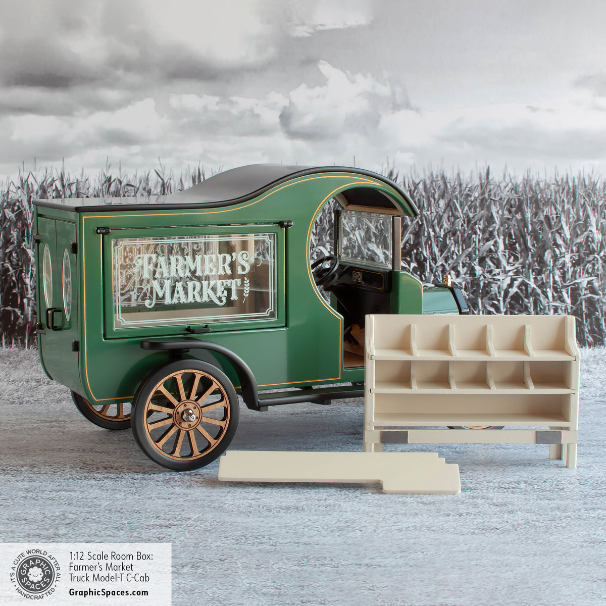 1:12 Scale Room Box Green Farmer&#39;s Market Truck Model T C Cab. Side view showing detailed Counter and Shelf options.