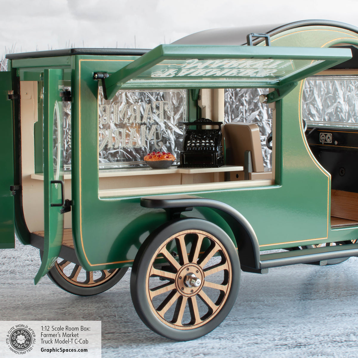 1:12 Scale Room Box Green Farmer&#39;s Market Truck Model T C Cab. See through Counter view. No Shelves. Window, doors open.