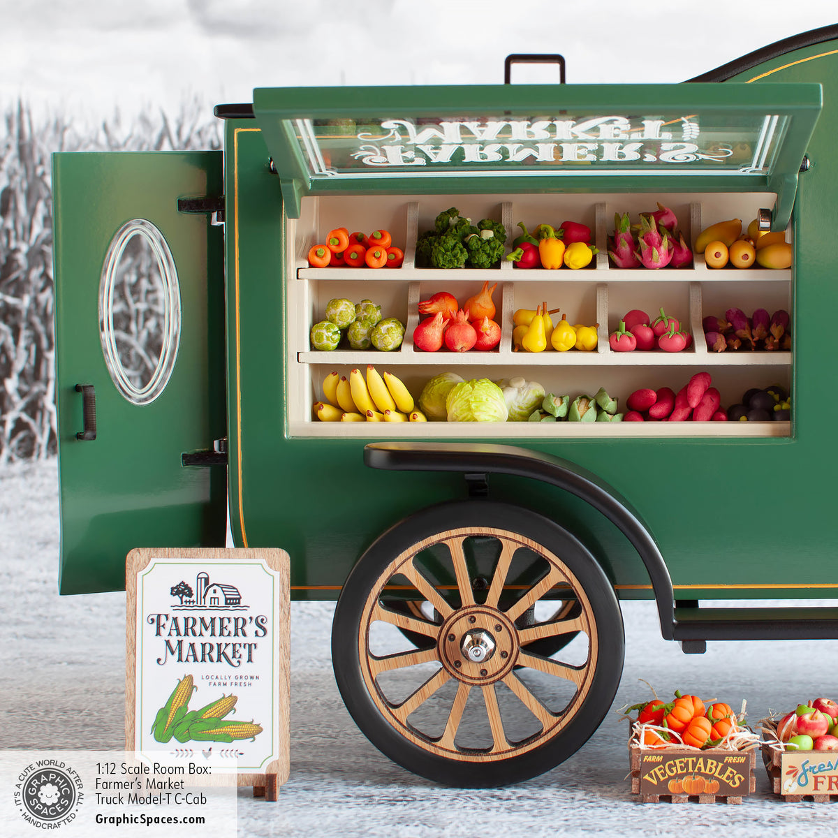 1:12 Scale Room Box Green Farmer&#39;s Market Truck Model T C Cab. Detailed rear side view with window and doors open.