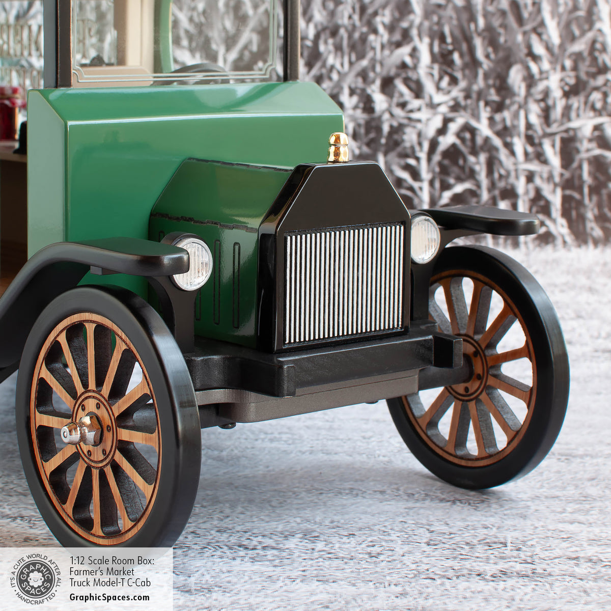 1:12 Scale Room Box Green Farmer&#39;s Market Truck Model T C Cab. Front view detailing grille and headlights.