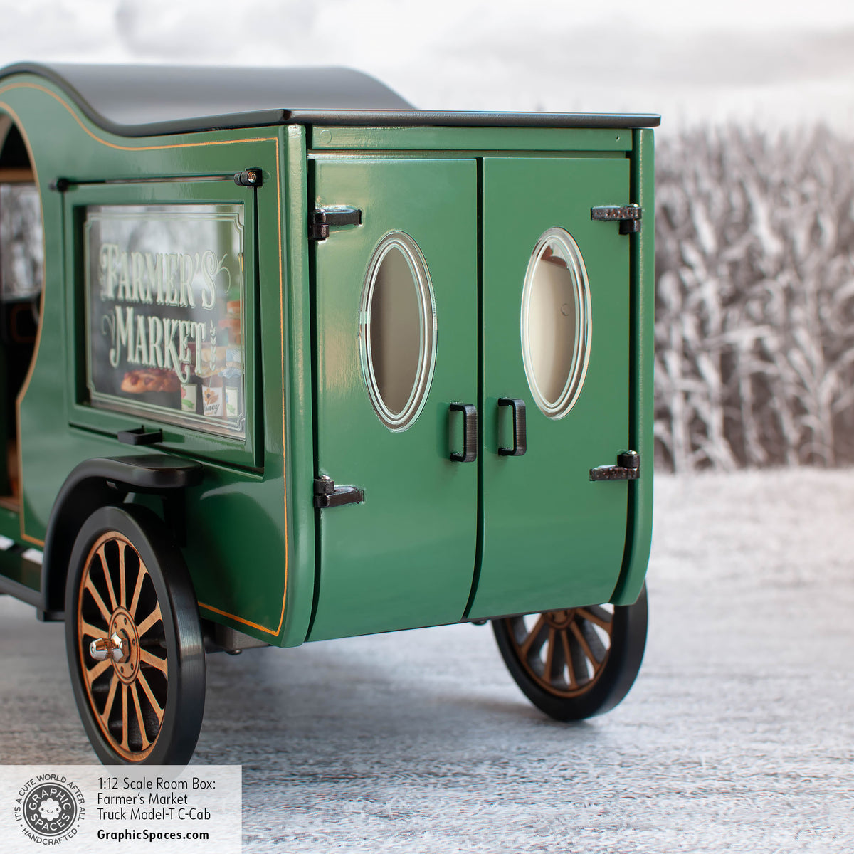 1:12 Scale Room Box Green Farmer&#39;s Market Truck Model T C Cab. Detailed rear view with doors and display window closed.