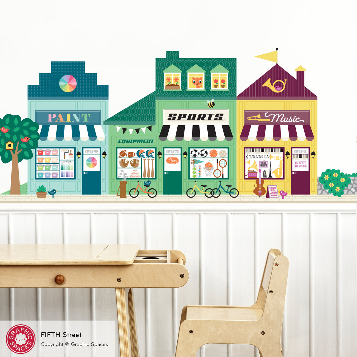 Happy Town Fabric Wall Decals - Fifth Street (Paint Store, Sports Shop, Music Shop)